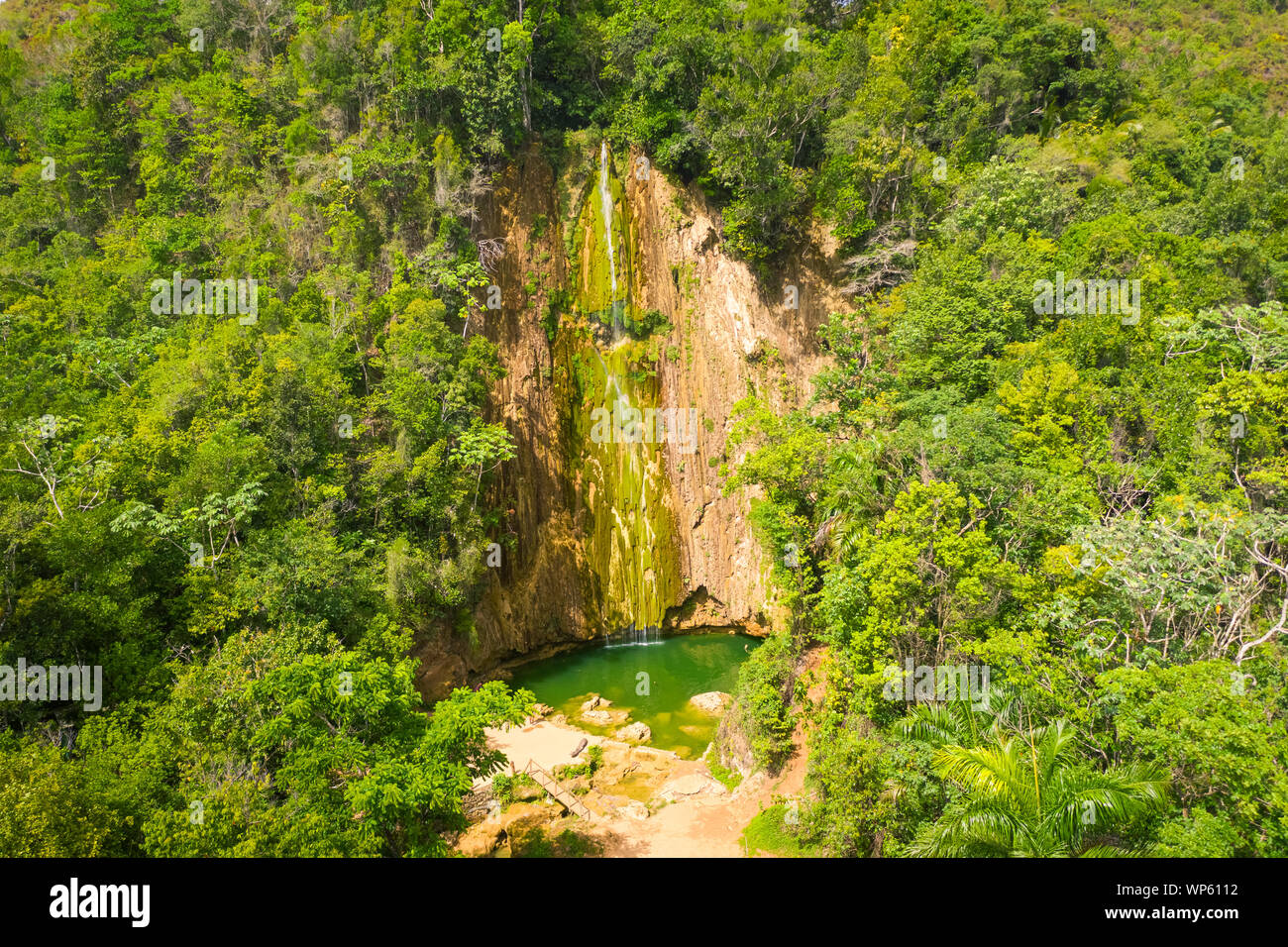 Scenic aerial view of El Limon waterfall in jungles of Samana peninsula in Dominican Republic. Amazing summer look of cascade in tropical forest from Stock Photo