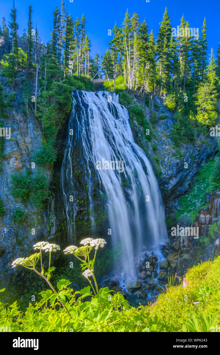 Narada Falls on a sunny blue sky day, Mt. Rainier National Park ...