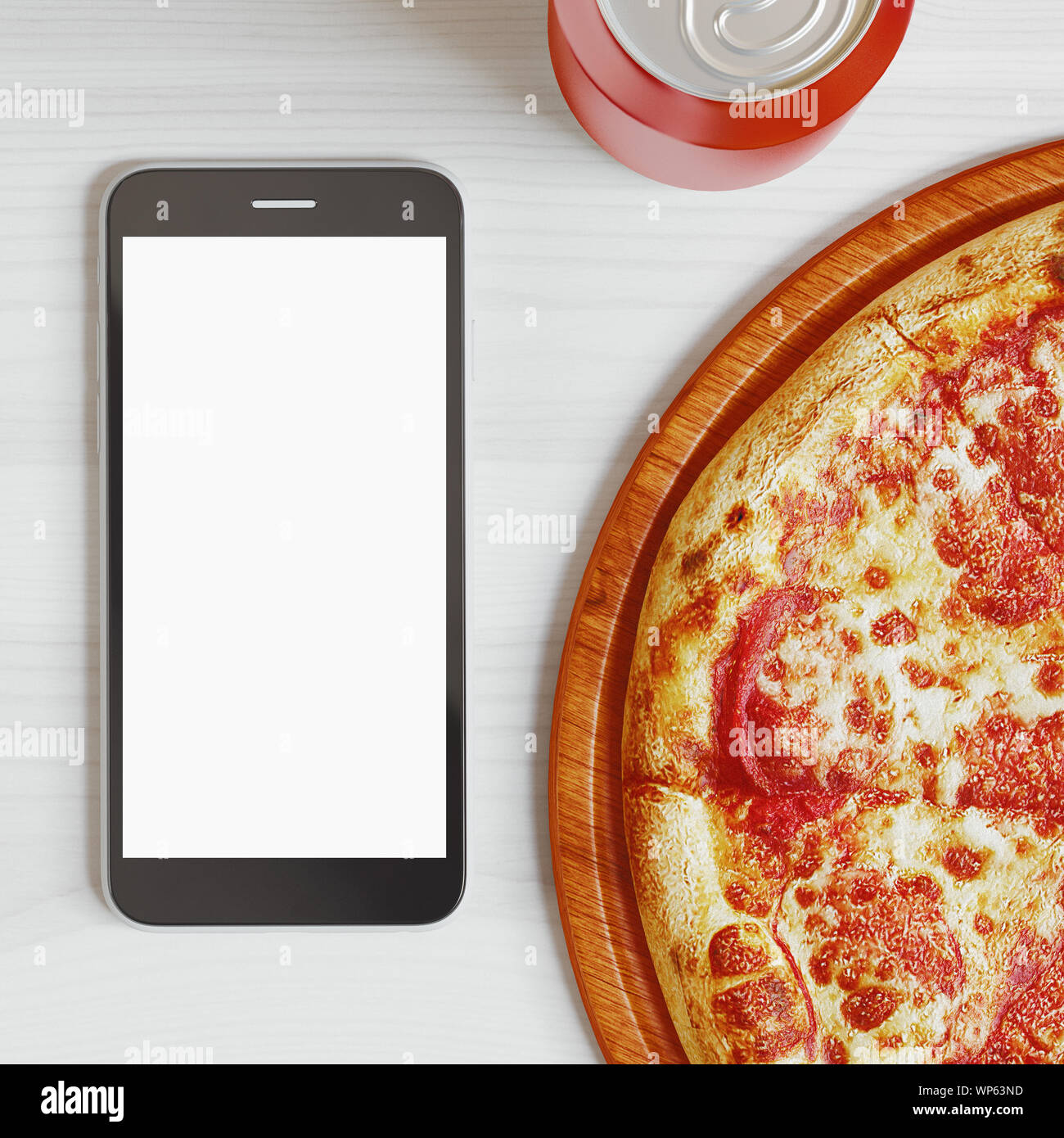 Pizza, Italian food delivery, call or order online on mobile, cellular, smart phone. 3d rendering Stock Photo