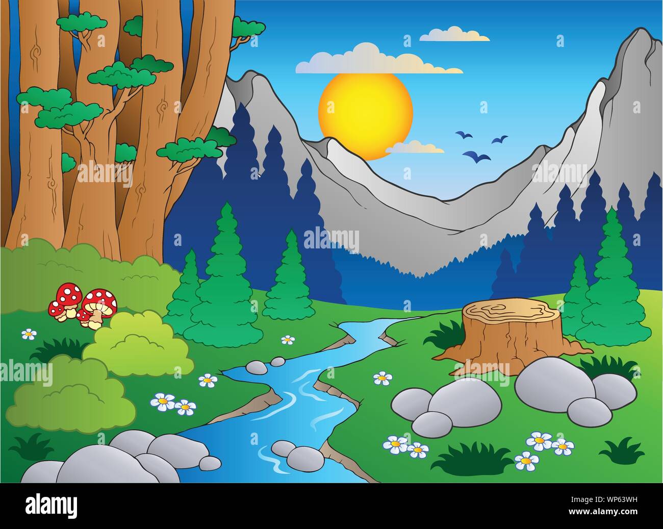 mountain forest drawing waterfall