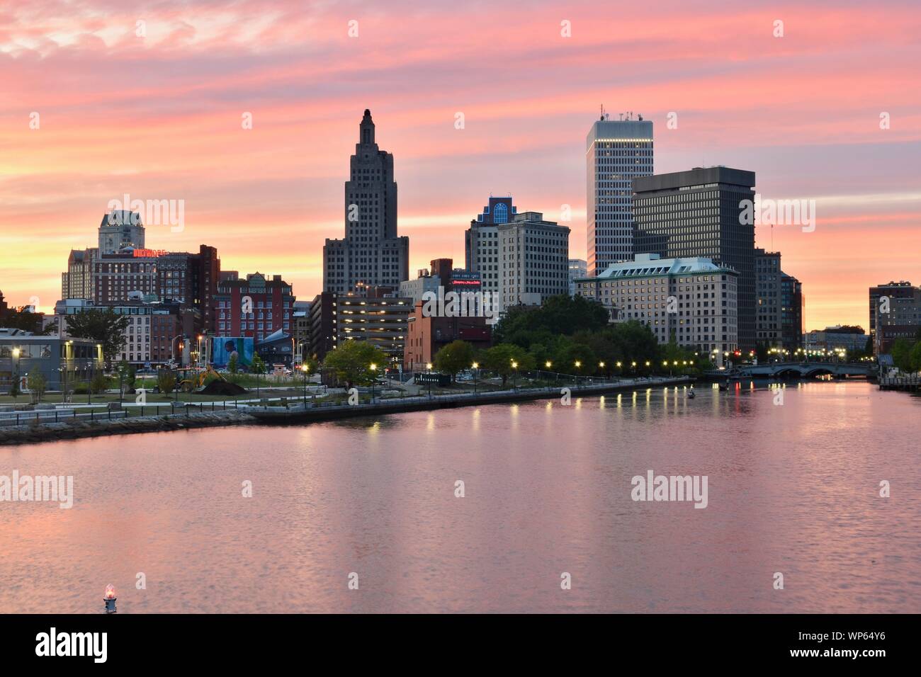 The Providence skyline as seen from across the Providence River, East Providence, Rhode Island Stock Photo