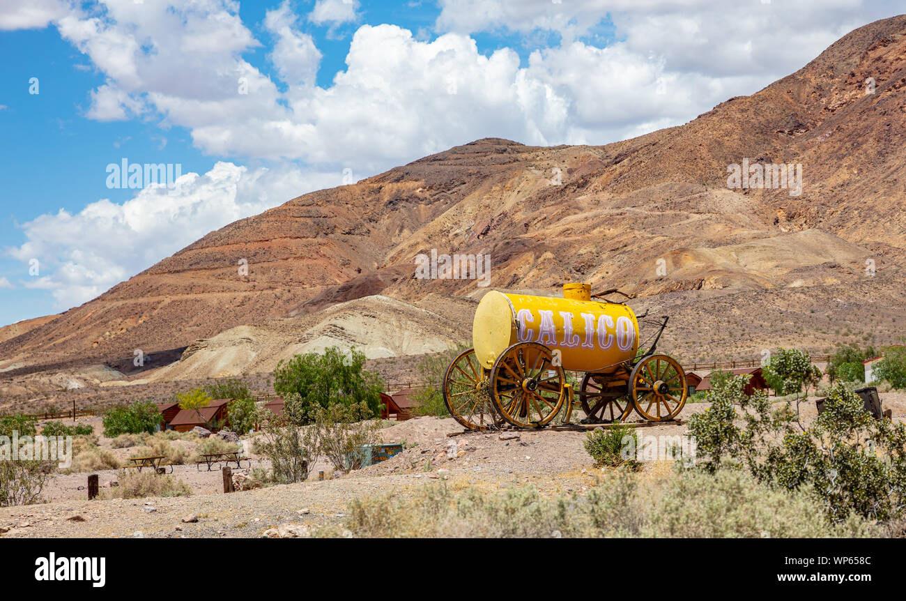 Calico ghost town California, USA. May 29, 2019. Old horse carriage with text Calico, Calico theme park signpost Stock Photo