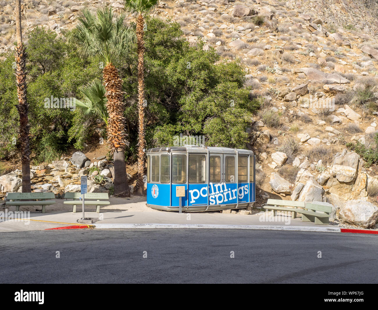 Palm Springs Aerial Tramway Cabin on November 15, 2015 at Valley Station, one of the original cabins used to transport visitors to the Mountain Statio Stock Photo