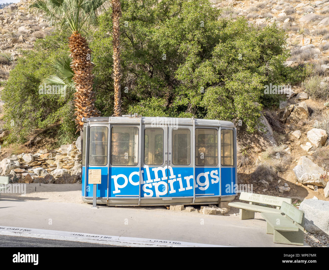 Palm Springs Aerial Tramway Cabin on November 15, 2015 at Valley Station, one of the original cabins used to transport visitors to the Mountain Statio Stock Photo
