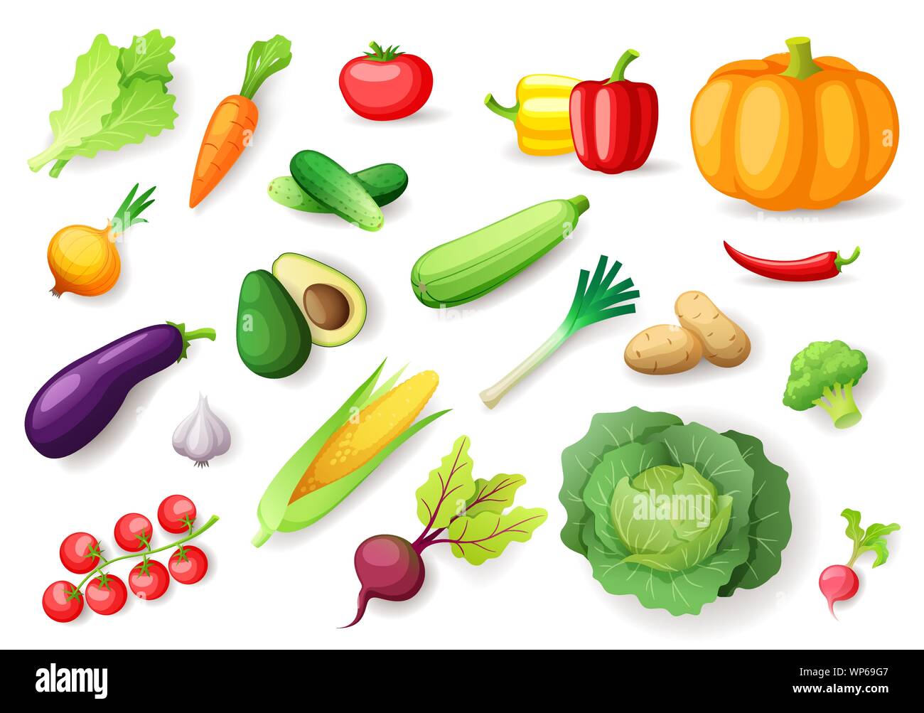 Colorful fresh vegetables set isolated, organic healthy food Stock Vector