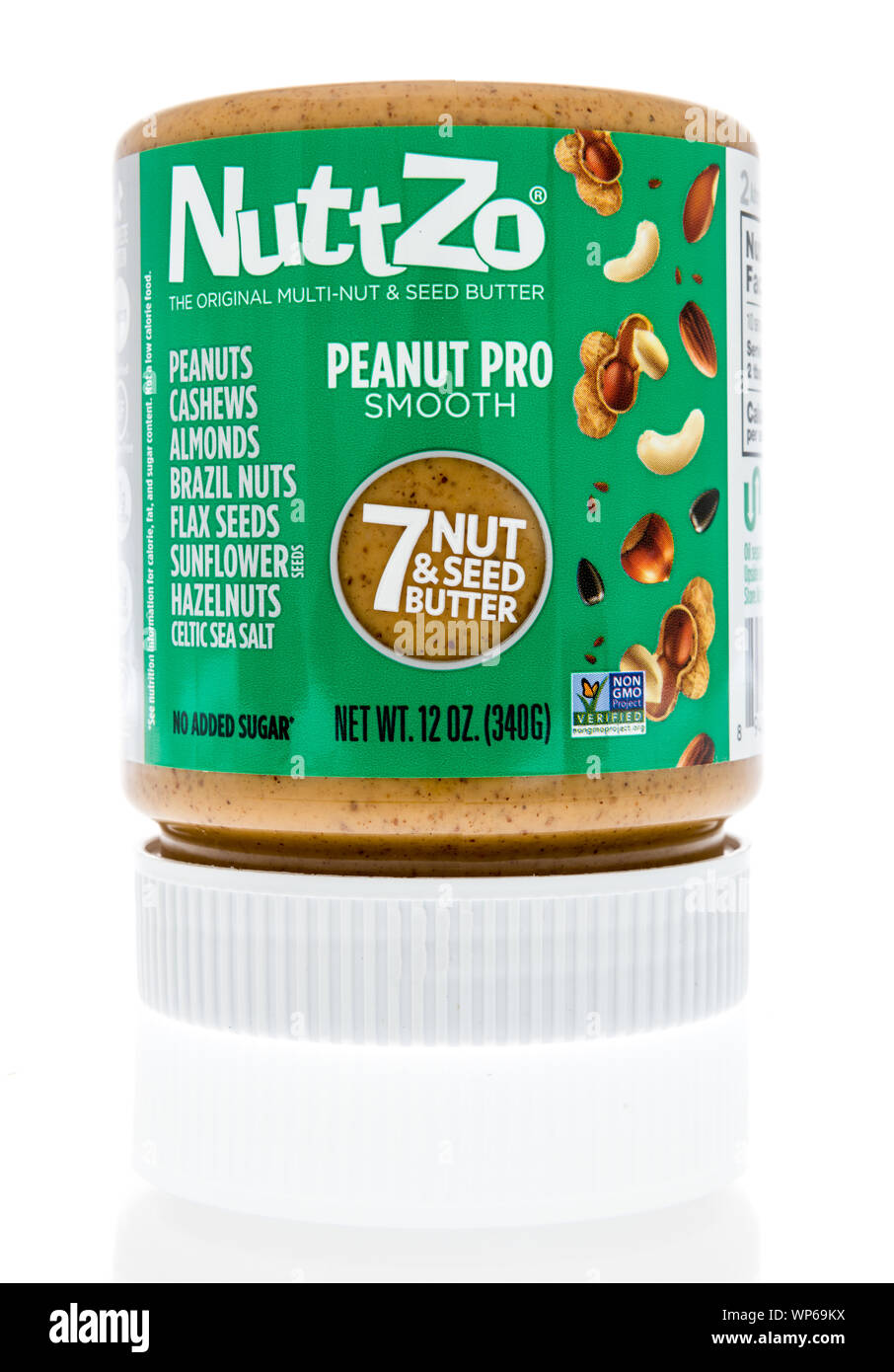 Wnneconne, WI 6 September 2019 A jar of NuttZo mutlinut and seed butter peanut pro smooth