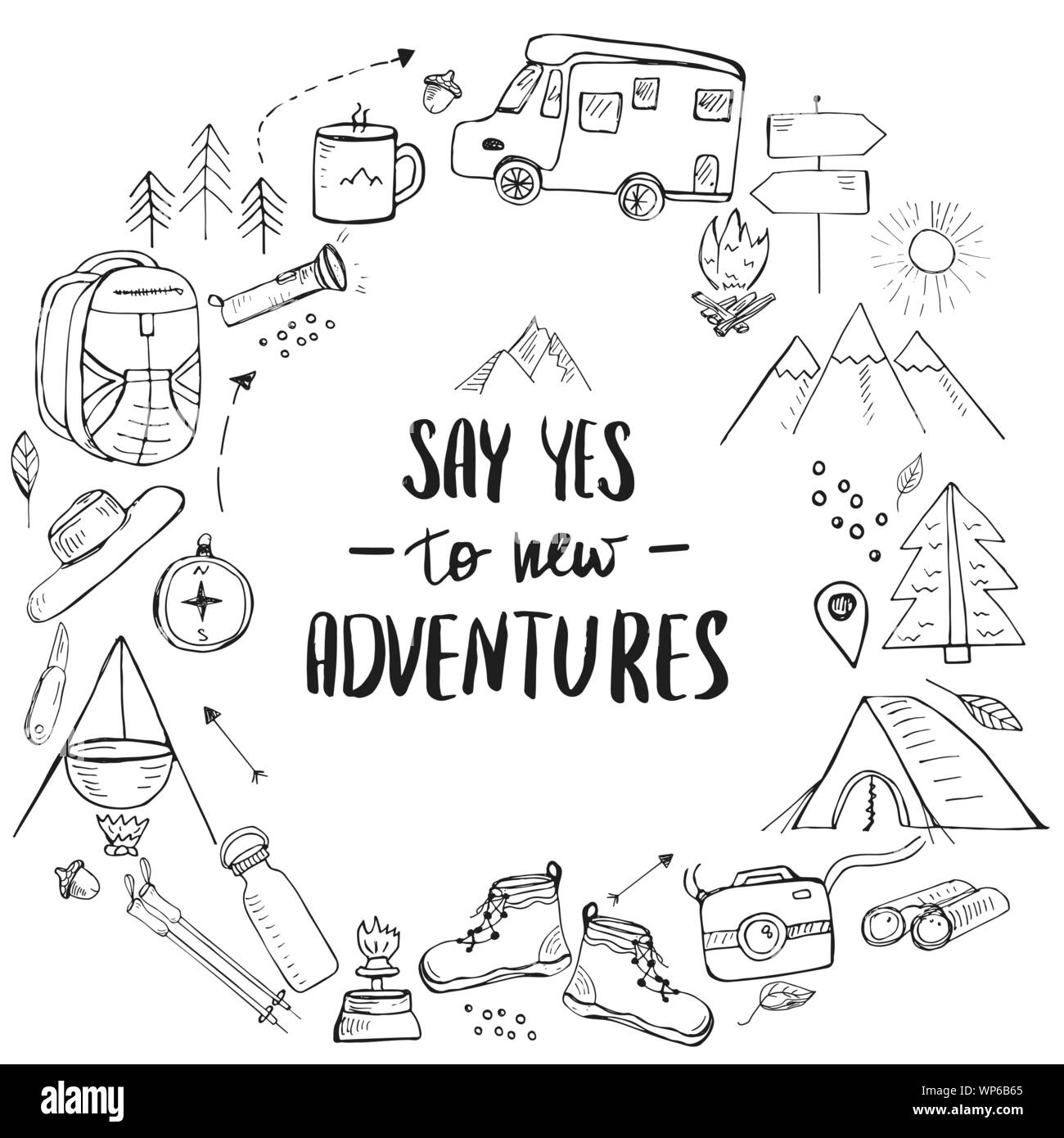 Template with hand drawn doodle style elements related to hiking