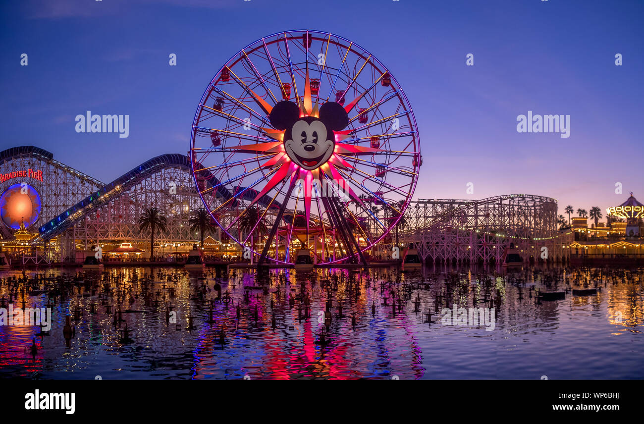 View of the Disneyland Park in Anaheim, California. Disneyland is Walt Disney's original theme park and his most famous. Includes California Adventure. Stock Photo