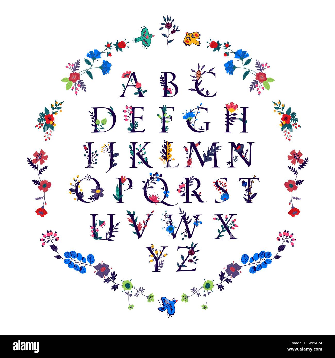 English alphabet in flowers and plants. Vector. Classic letters surrounded by decorative elements. Latin letters for inscriptions. Female image in the Stock Vector