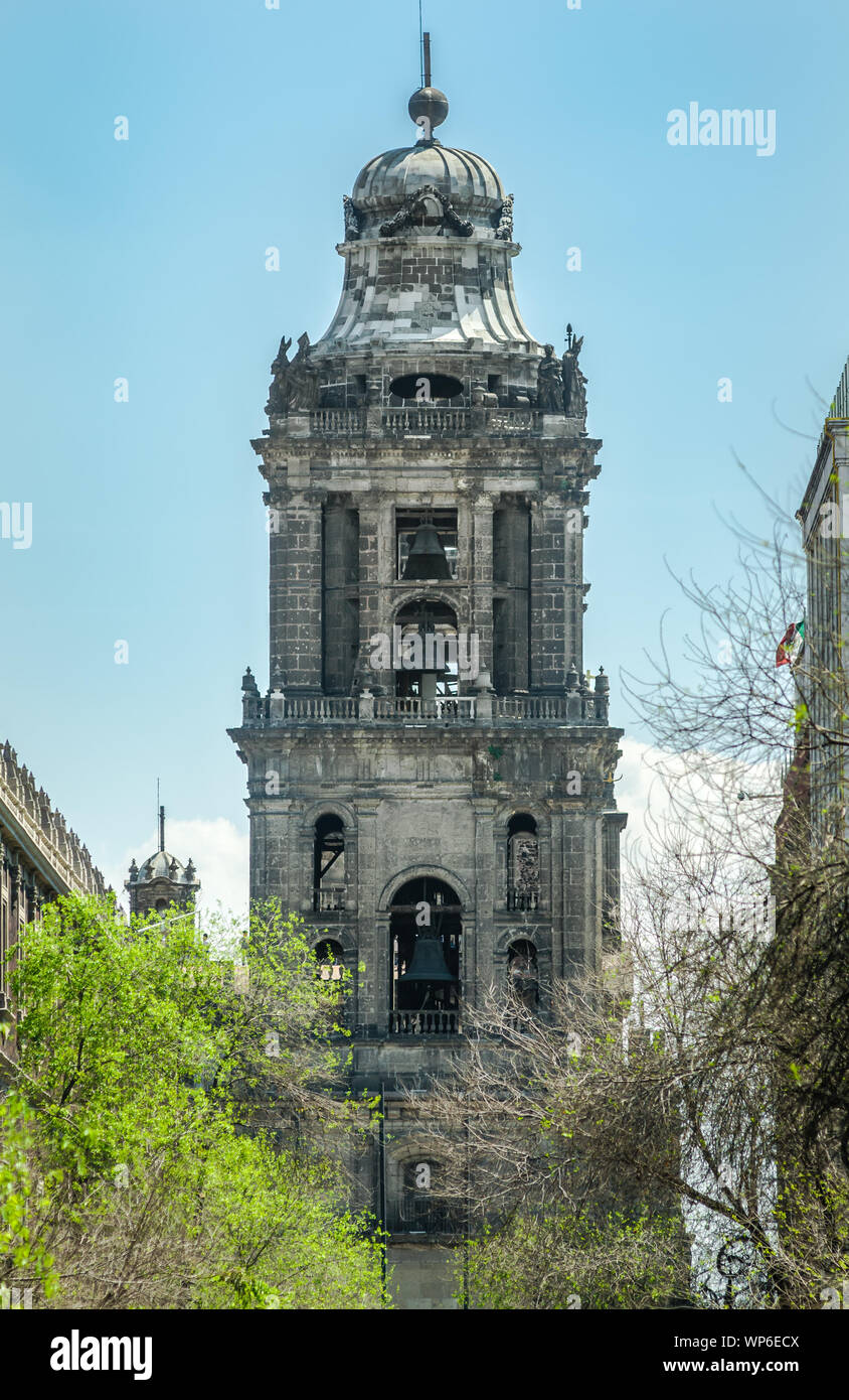 La Catedral Bell Tower viewed from 5 de Mayo street, Metropolitan Cathedral of the Assumption of Mary of Mexico City. Stock Photo