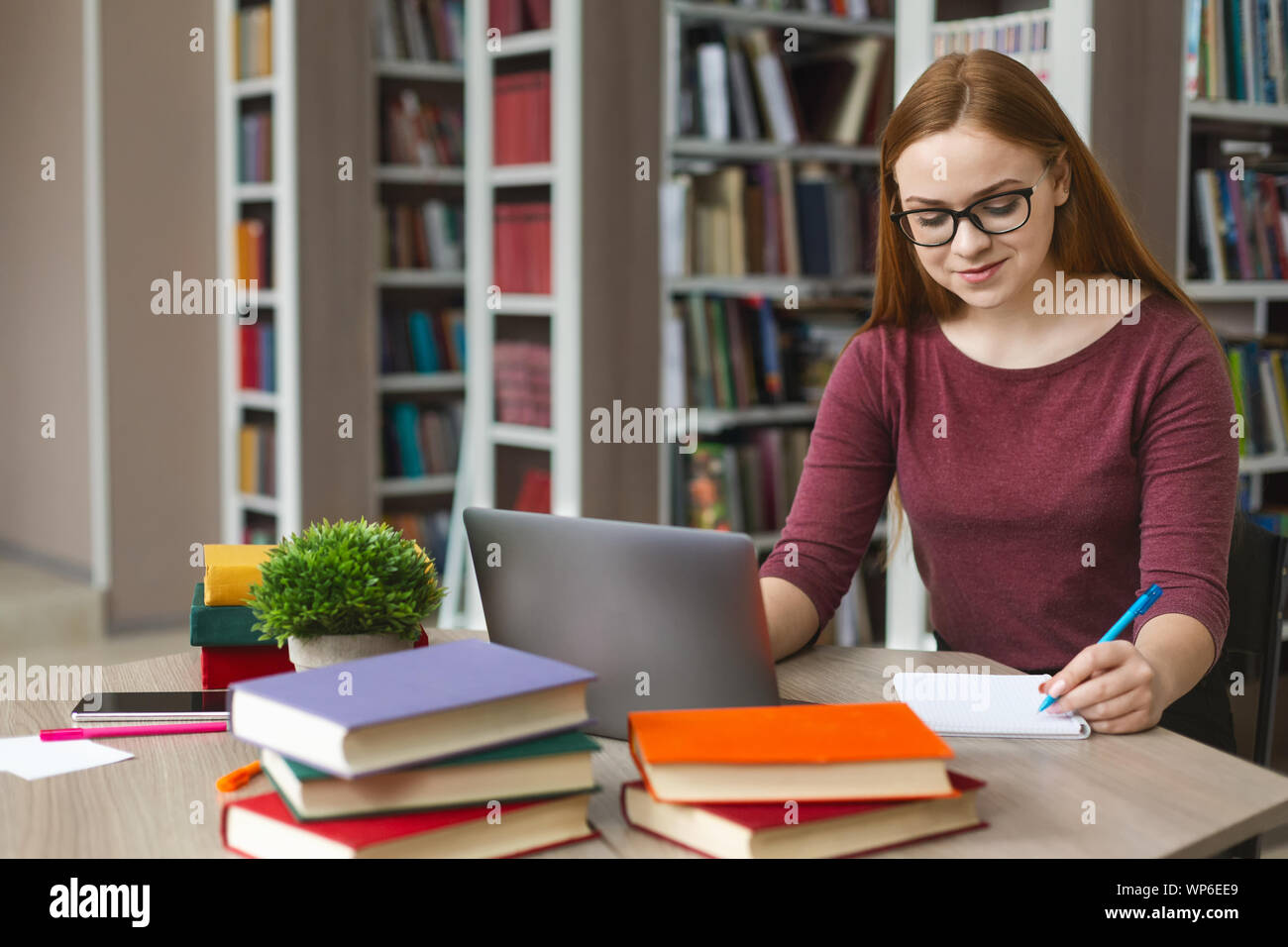 Redhead pretty girl making notes while studying Stock Photo