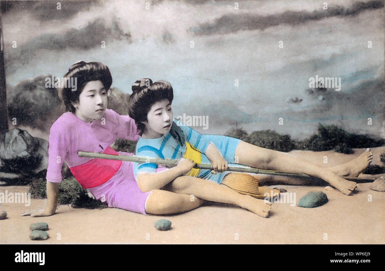 [ 1910s Japan - Japanese Women in Bathing Suit ] — A studio photo of