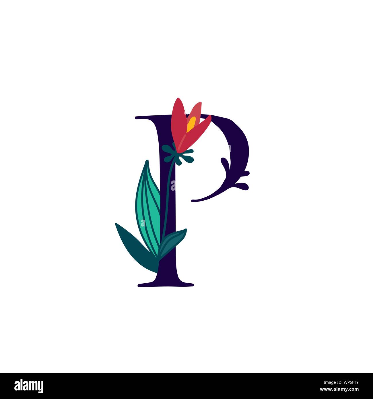 Latin letter P in flowers and plants. Vector. Letter in decorative elements for inscriptions. Company logo. Poster or monogram. Stock Vector