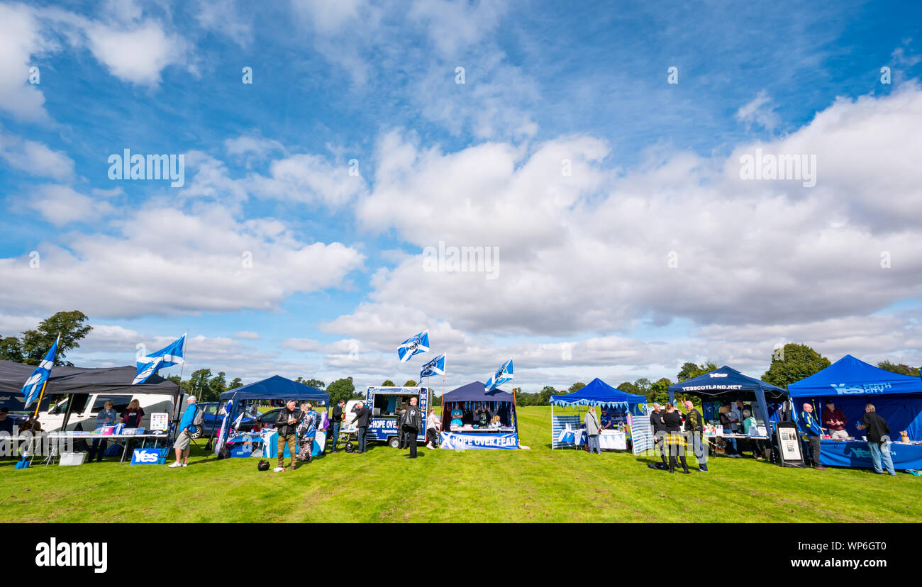Perth, Scotland, United Kingdom, 7th September 2019. All Under One Banner Independence March: Independence supporters march through Perth in the 7th All Under One Banner (AUOB) march of this year.  The rally point on North Inch Stock Photo