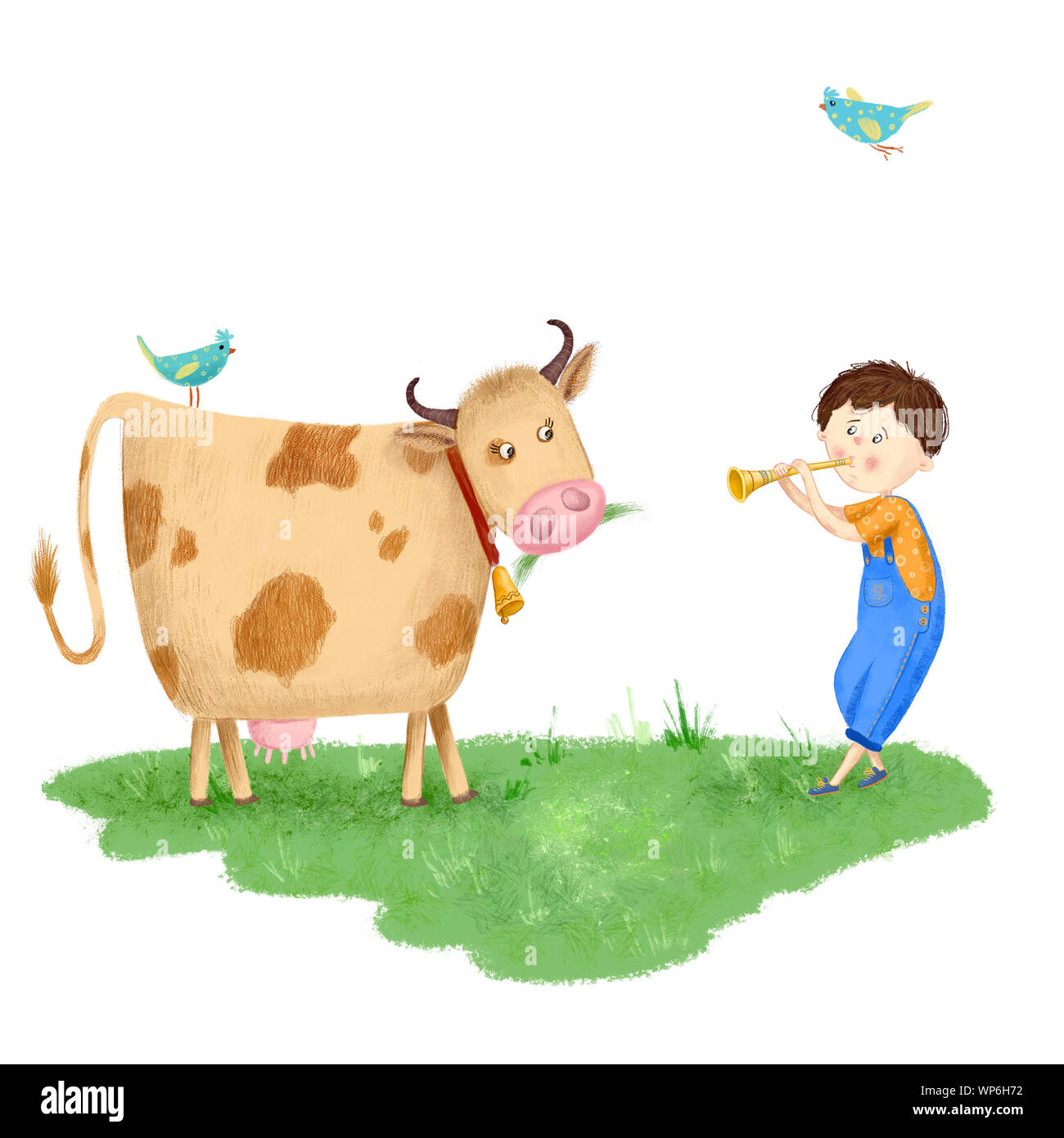 Original illustration of a cute boy with a flute grazes a cow on a green meadow, grass Stock Photo