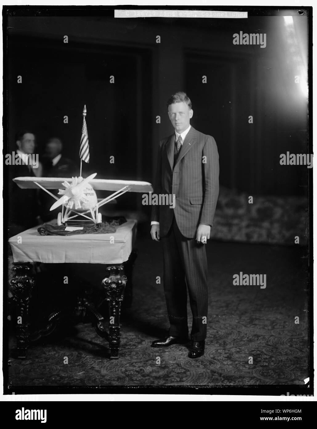 LINDBERGH, CHARLES, COLONEL. WITH PLANE MODEL Stock Photo