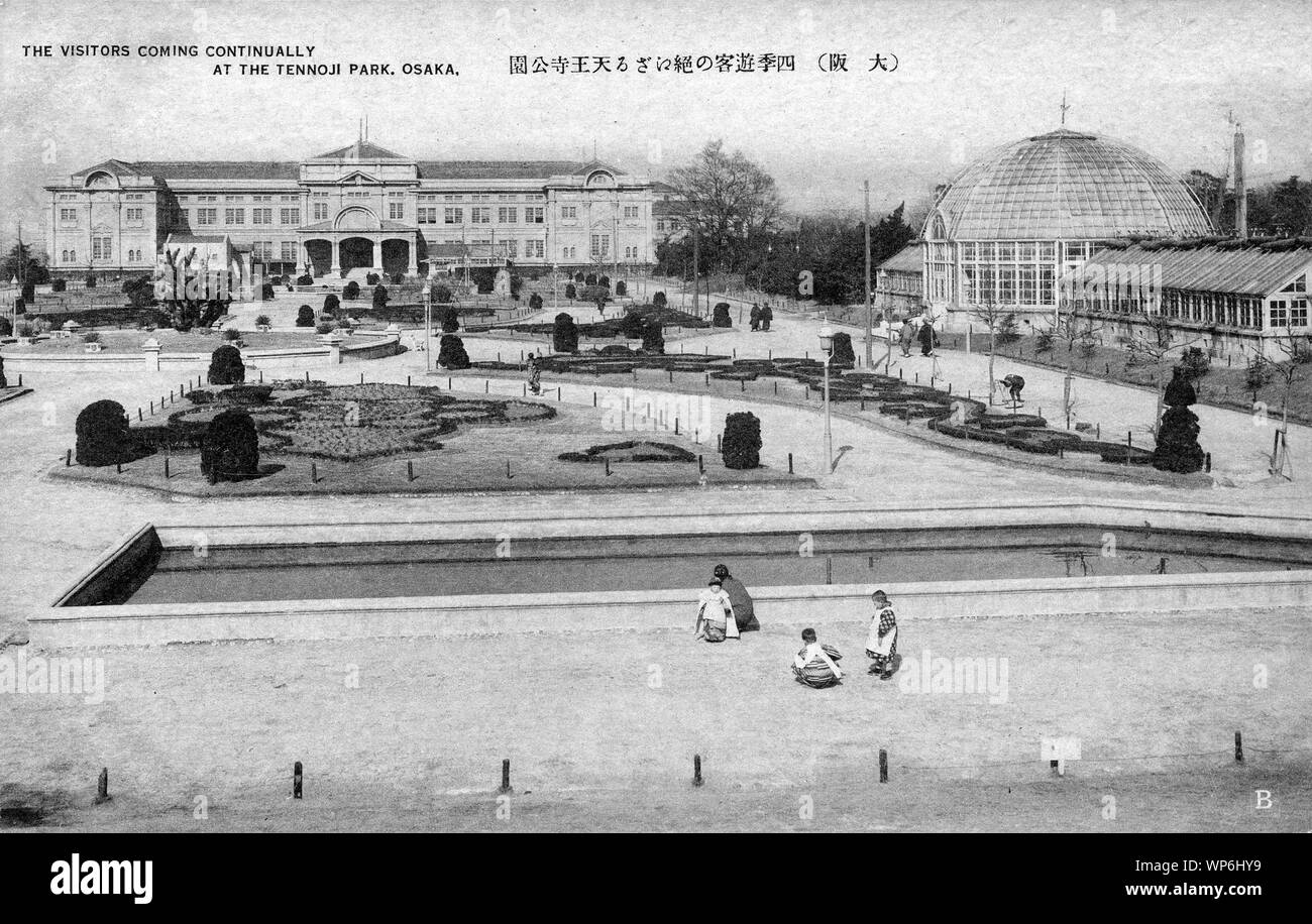 [ 1920s Japan - Tennoji Park ] —   Tennoji Park in Osaka, opened in 1909 (Meiji 42).   In 1903, the 5th Domestic Industrial Exhibition was held here. It was a huge exhibition covering some 320,000 square meters and, in spite of its name, featured exhibitions from 18 foreign countries.  During the five months of the exposition, more than 5,300,000 people visited; almost 12% of the Japanese population.  Tennoji Park was set up on a 270,000 square meter section of the exhibition grounds.  20th century vintage postcard. Stock Photo