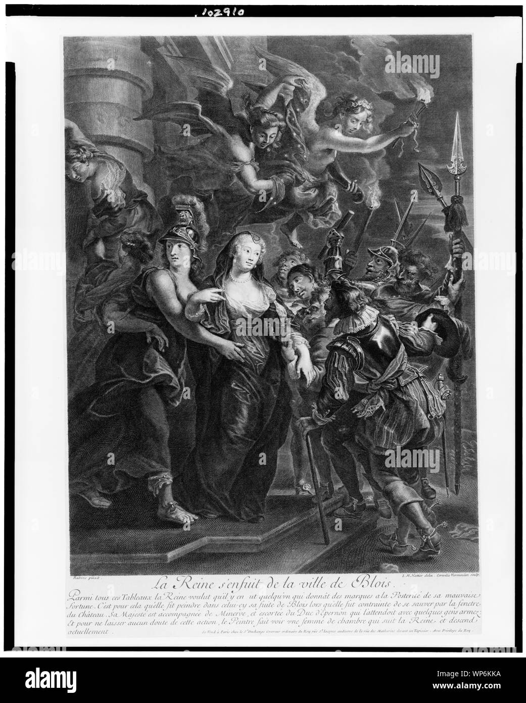 La Reine s'enfuit de la ville de Blois--Parmi tous ces tableaux ... et descend actuellement / Rubens pinxit. ; J.M. Nattier delin. ; Cornelis Vermeulen sculp. Stock Photo