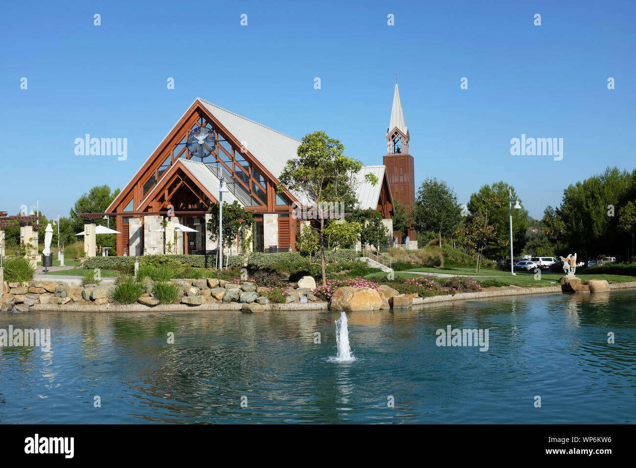 IRVINE, CALIFORNIA - SEPT 7, 2019: Mariners Church Chapel and lake, a non-denominational, Christian Church located in central Orange County. Stock Photo
