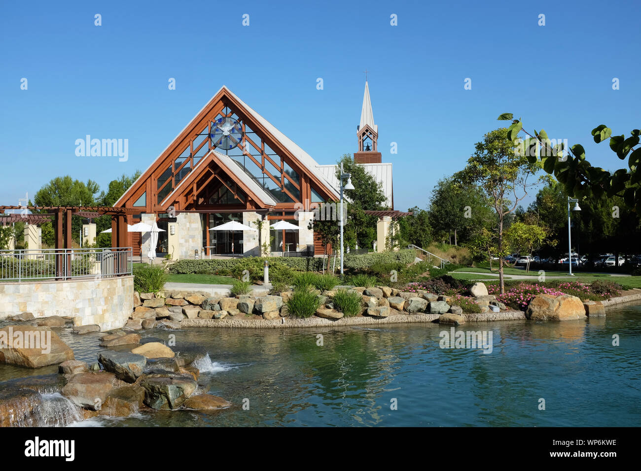 IRVINE, CALIFORNIA - SEPT 7, 2019: Mariners Church Chapel and lake, a non-denominational, Christian Church located in central Orange County. Stock Photo