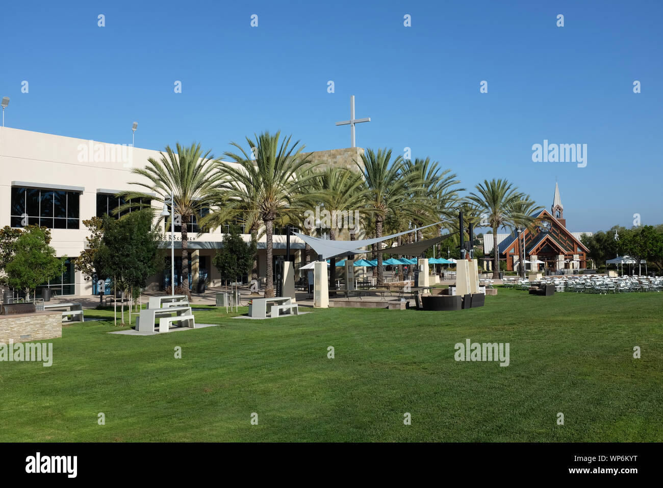 IRVINE, CALIFORNIA - SEPT 7, 2019: Mariners Church Worship Center and Chapel from the Main Lawn, a non-denominational, Christian Church. Stock Photo