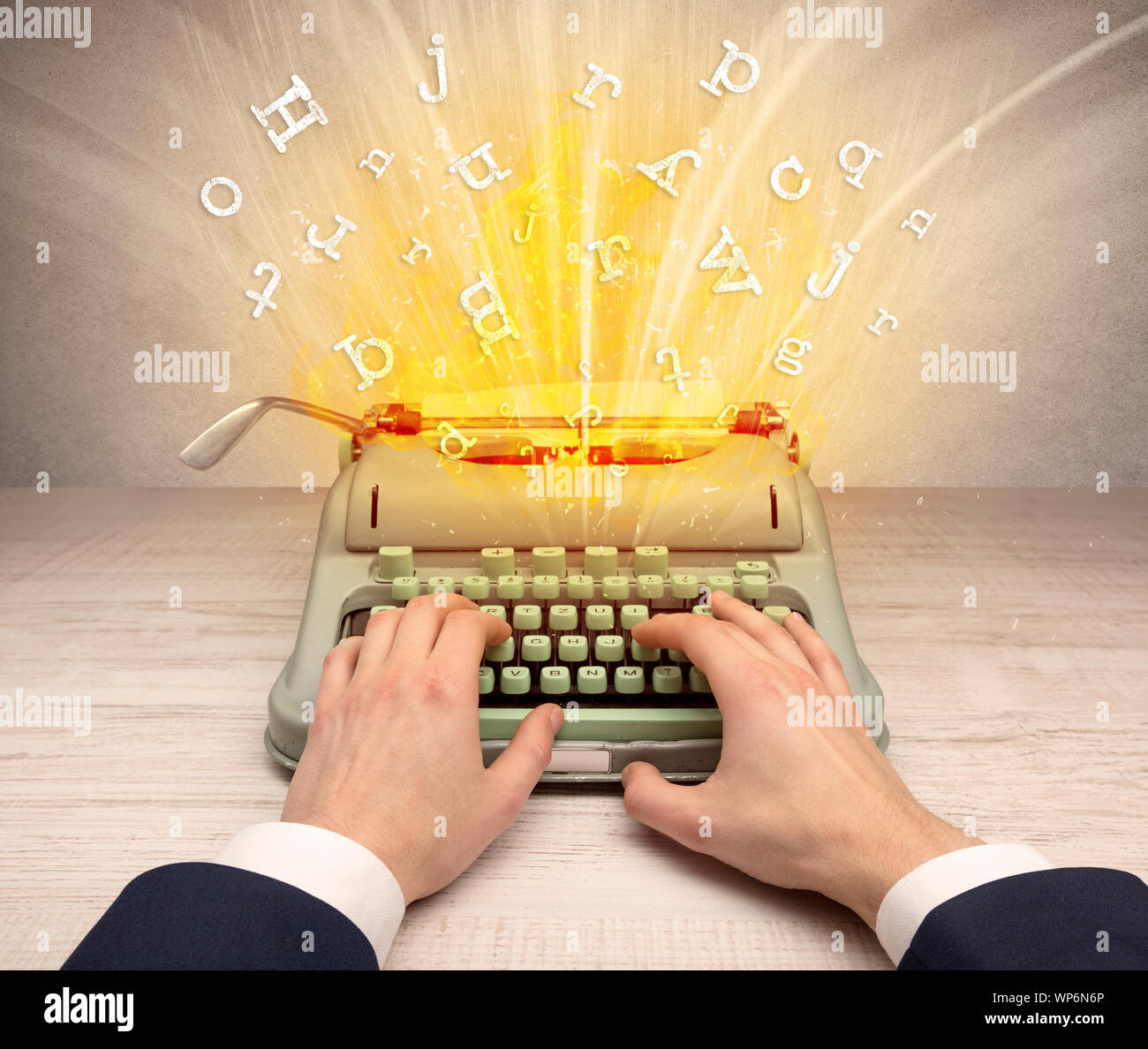 First person perspective image with exploding letters from a vintage ...
