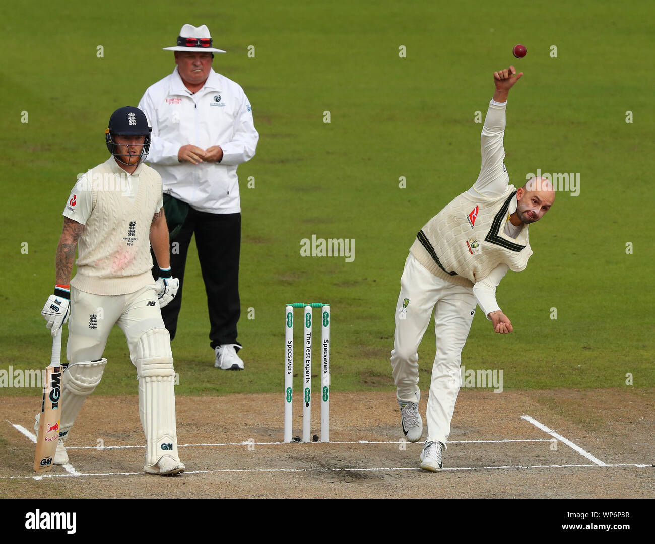 Manchester, UK. 07th Sep, 2019. Nathan Lyon of Australia bowling during day four of the 4th Specsavers Ashes Test Match, at Old Trafford Cricket Ground, Manchester, England. Credit: ESPA/Alamy Live News Stock Photo