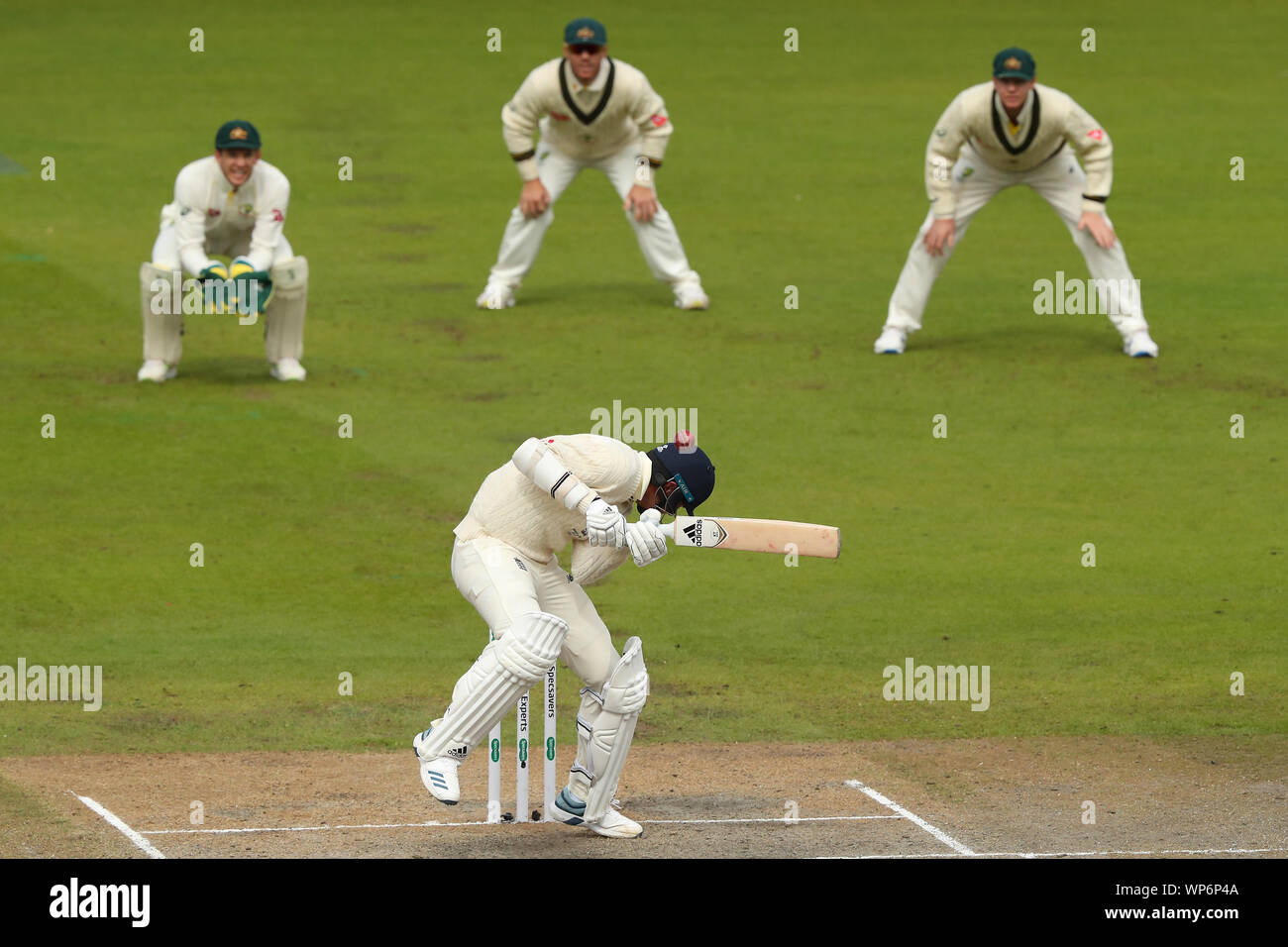 Manchester, UK. 07th Sep, 2019. Stuart Broad of England avoids a high ball during day four of the 4th Specsavers Ashes Test Match, at Old Trafford Cricket Ground, Manchester, England. Credit: ESPA/Alamy Live News Stock Photo