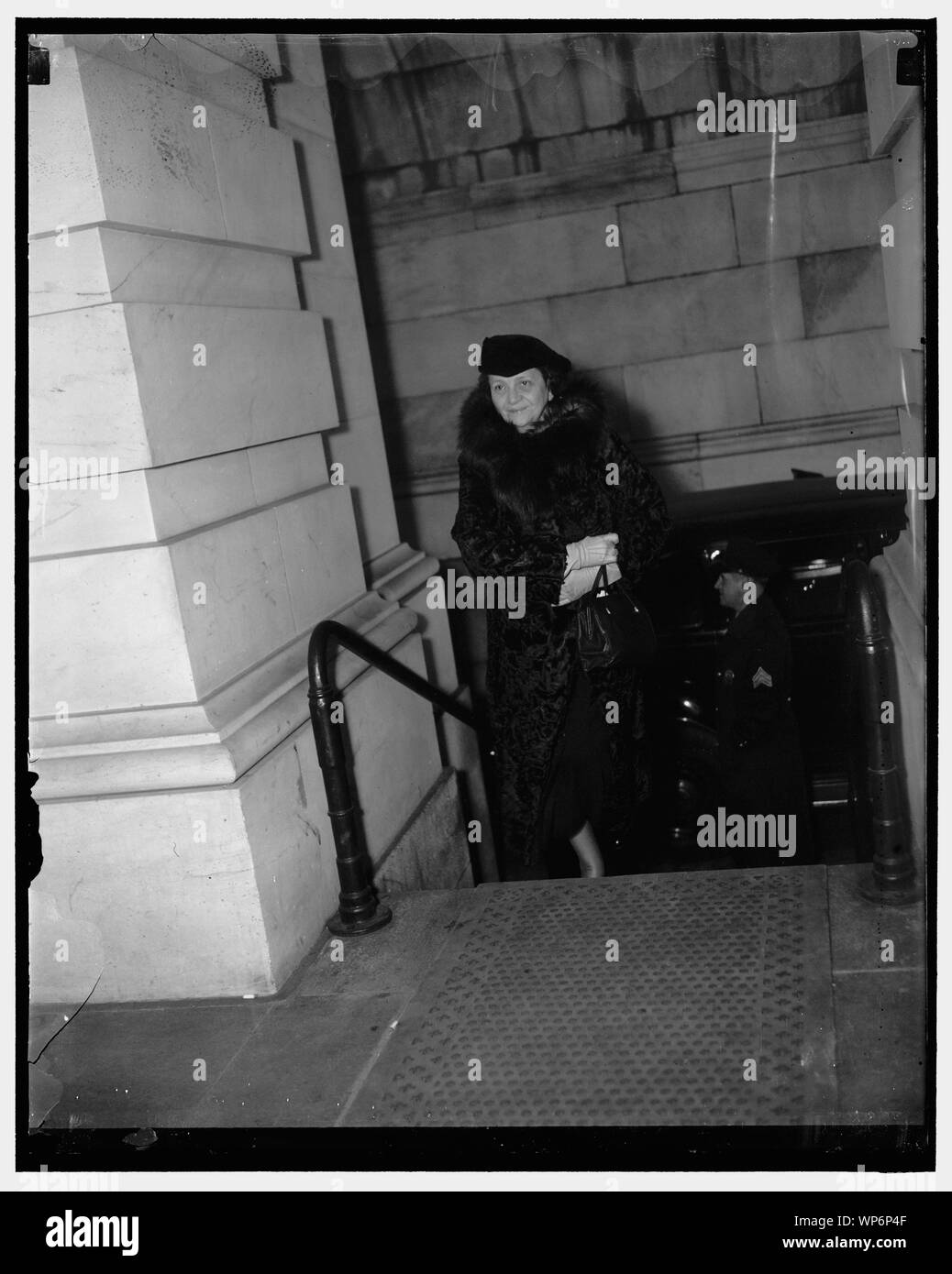 Labor Secretary arrives at Capitol. Washington, D.C., Jan. 6. Secretary of Labor Frances Perkins arriving at the Capitol today to hear President Roosevelt address a joint session of Congress Stock Photo