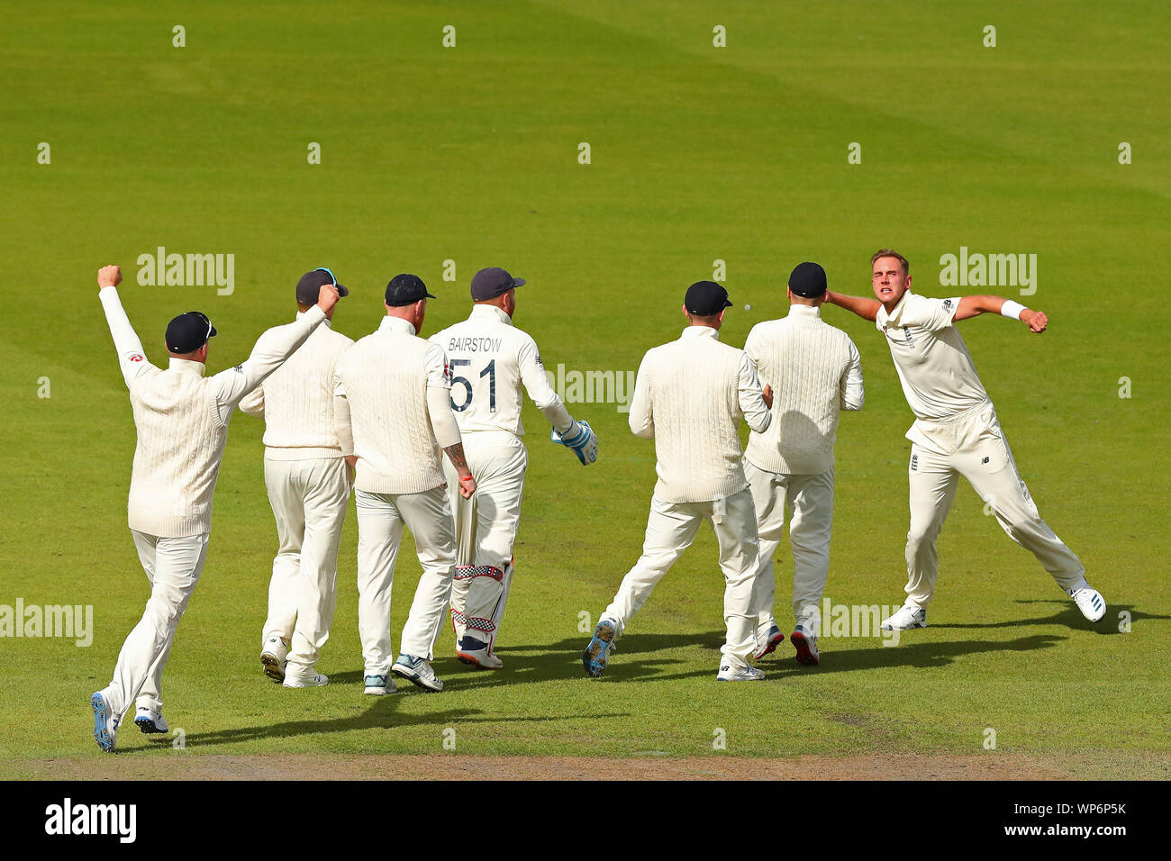 Manchester, UK. 07th Sep, 2019. Stuart Broad of England celebrates taking the wicket of David Warner of Australia during day four of the 4th Specsavers Ashes Test Match, at Old Trafford Cricket Ground, Manchester, England. Credit: ESPA/Alamy Live News Stock Photo
