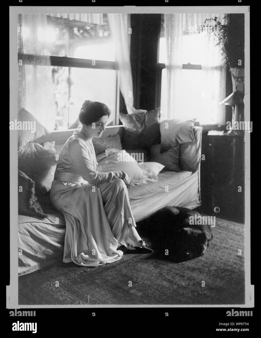 Lady Lucy Duff-Gordon, full-length portrait, seated, facing right, with a dog at her feet] / Marceau Stock Photo