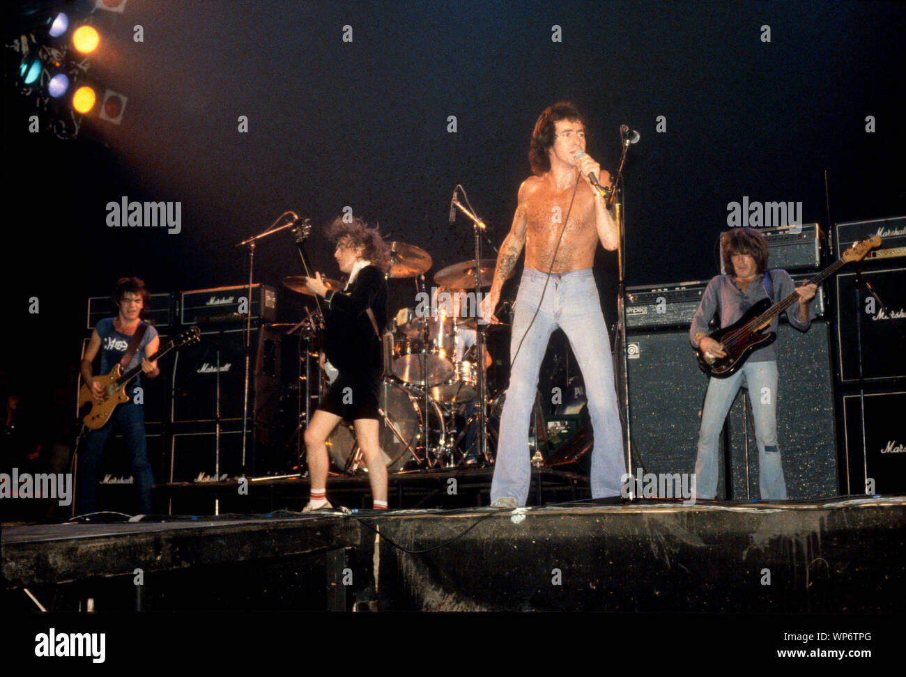 AC/DC's Bon Scott, Angus Young and the band onstage at the Palladium in August, 1978 Stock Photo