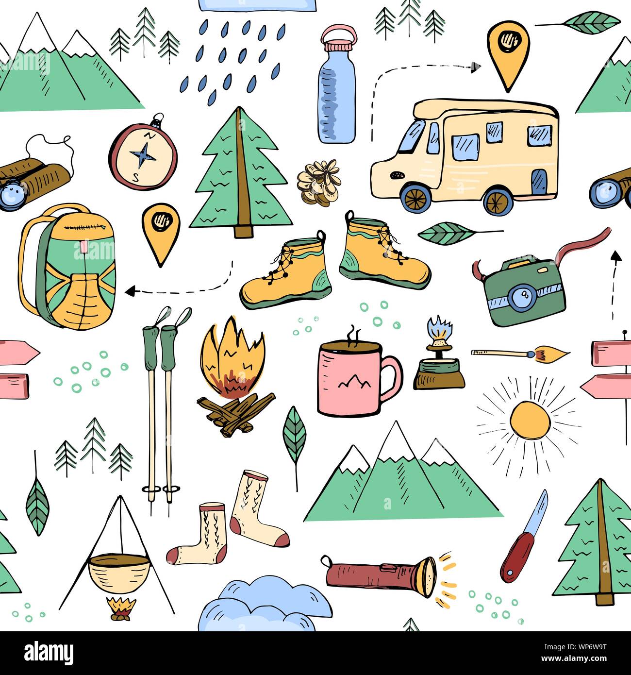 Seamless pattern with hand drawn doodle style elements related to hiking, camping and travelling in mountains Stock Vector