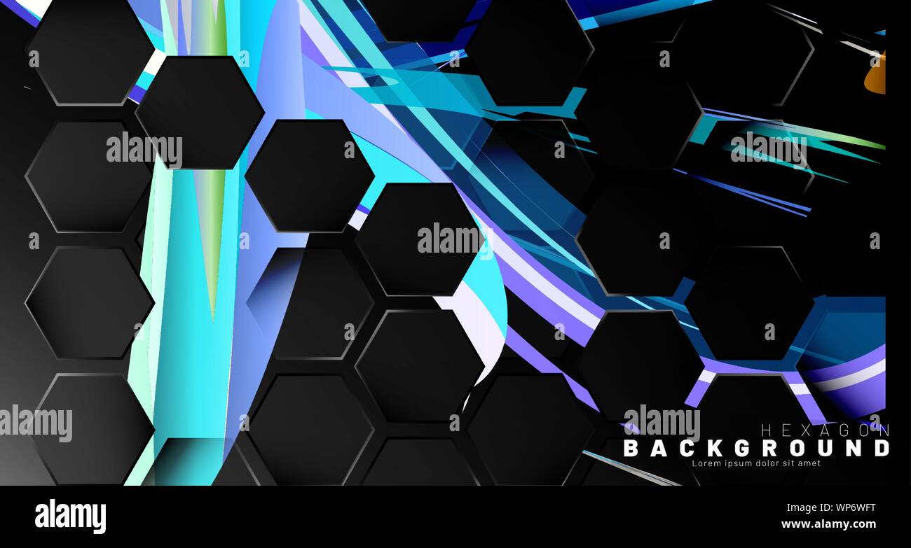 Black hexagon abstract pattern on colorful brush style background technology. Honeycomb. Vector illustration Stock Vector