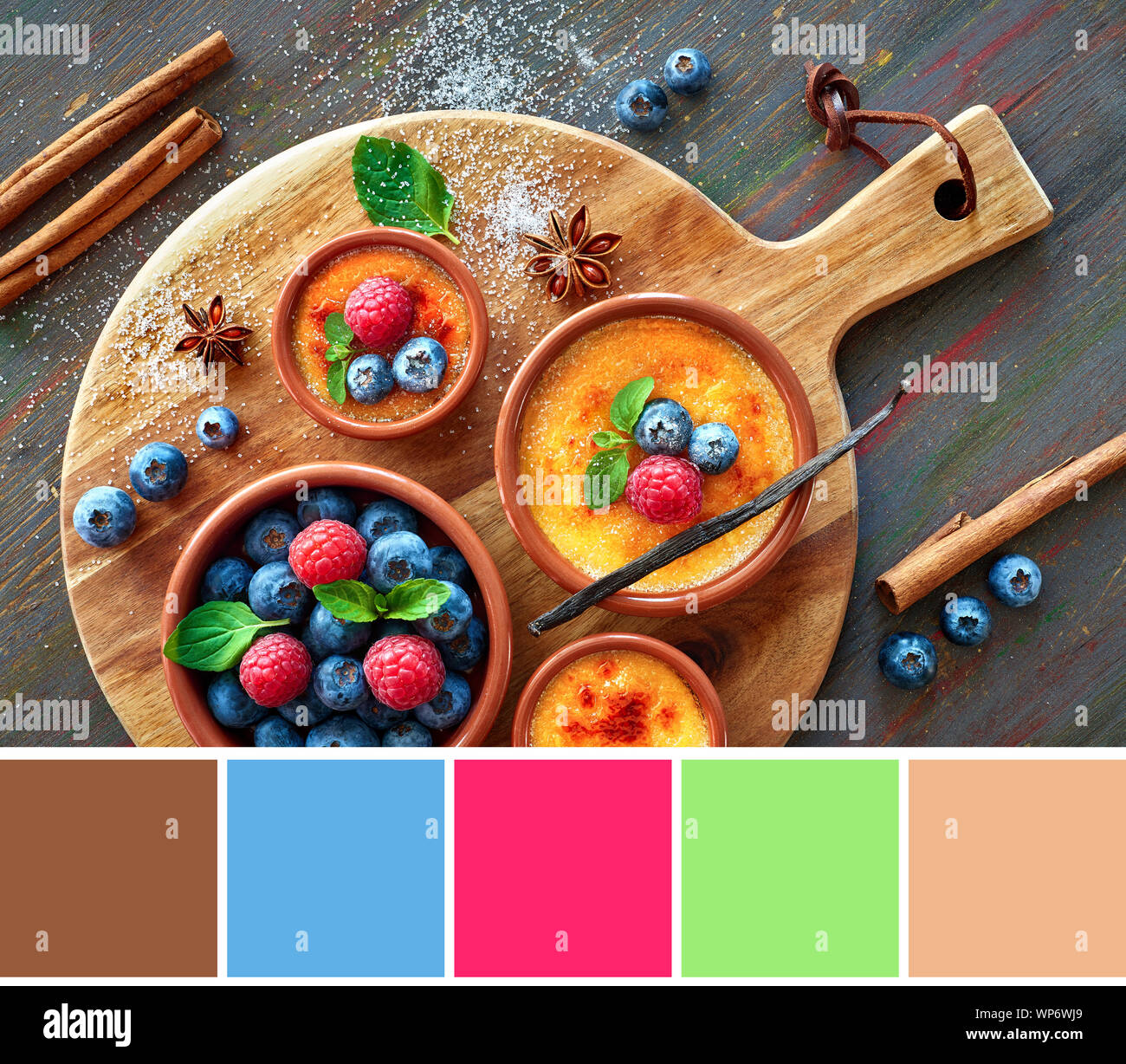 Color matching palette from top view image creme brulee in clay dishes