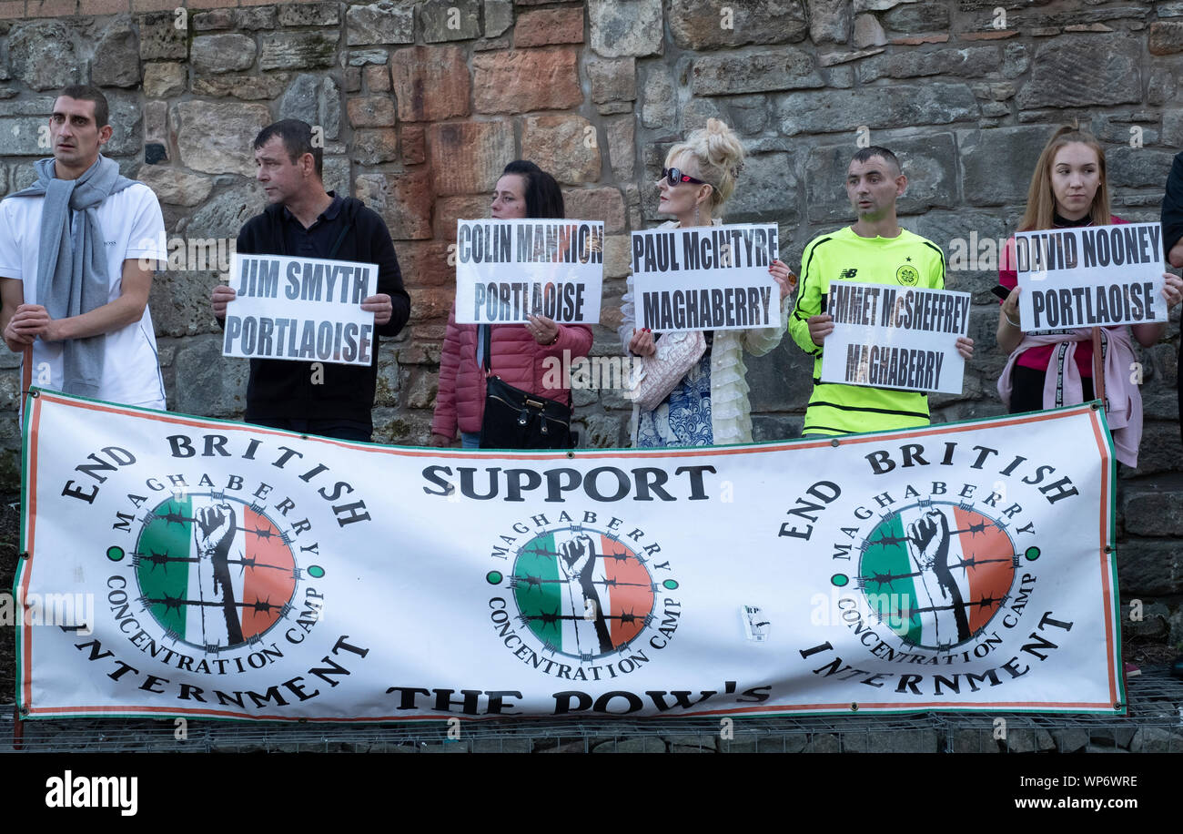 Glasgow, Scotland, UK. 7th Sep, 2019. Second controversial march in Glasgow march this time by IRPWA. The Irish Republican Prisoners Welfare Association is a dissident republican organisation which supports republican prisoners. It has ties with the political party Saoradh and the 32 County Sovereignty Movement. Banners supporting political prisoners. Credit: Iain Masterton/Alamy Live News Stock Photo