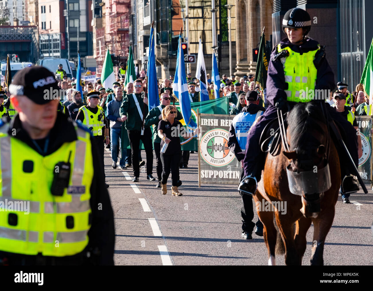 Glasgow, Scotland, UK. 7th Sep, 2019. Second controversial march in Glasgow march this time by IRPWA. The Irish Republican Prisoners Welfare Association is a dissident republican organisation which supports republican prisoners. It has ties with the political party Saoradh and the 32 County Sovereignty Movement. Credit: Iain Masterton/Alamy Live News Stock Photo