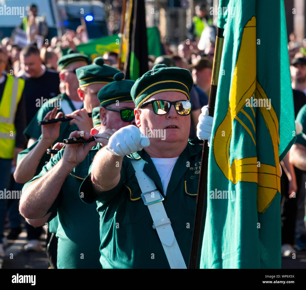 Glasgow, Scotland, UK. 7th Sep, 2019. Second controversial march in Glasgow march this time by IRPWA. The Irish Republican Prisoners Welfare Association is a dissident republican organisation which supports republican prisoners. It has ties with the political party Saoradh and the 32 County Sovereignty Movement. Credit: Iain Masterton/Alamy Live News Stock Photo