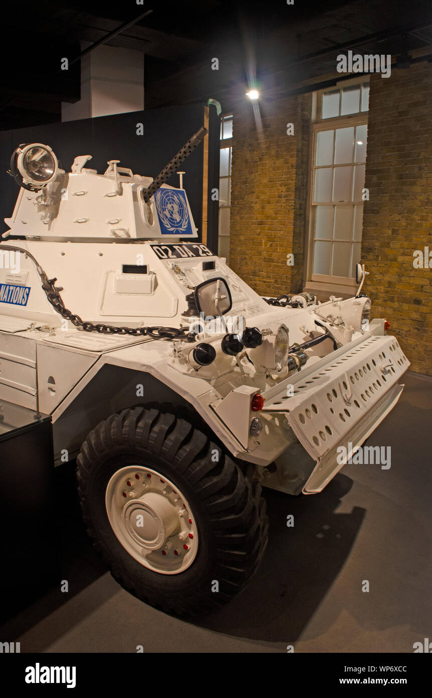 Ferret Mk II, 4x4 Scout Car (White UN). British post-WW2 4x4 armoured reconnaissance vehicle, crew of 2, powered by Rolls-Royce B60 6-cylinder petrol Stock Photo
