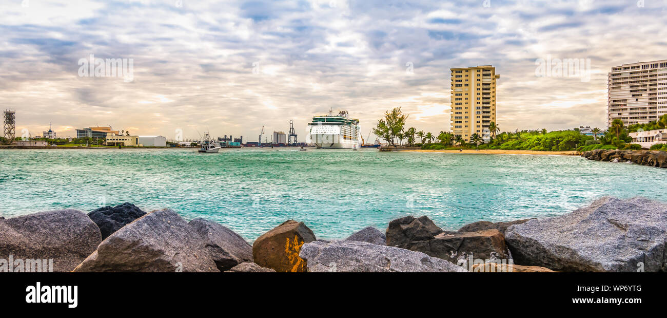 Panoramic landscape view of Port Everglades, Fort Lauderdale, Florida. Cruise ship leaving the harbor. Stock Photo