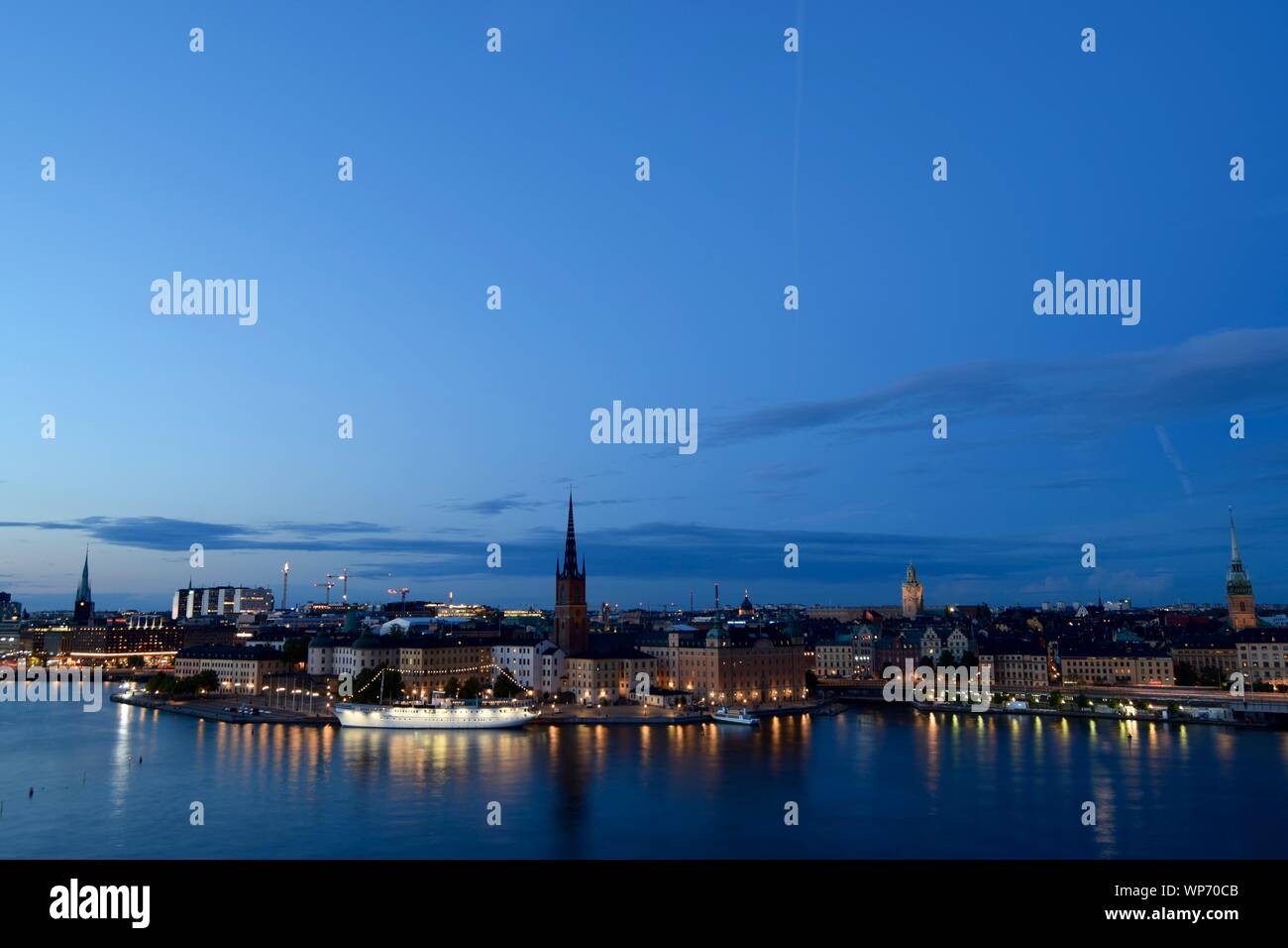 Sweden's capital Stockholm, with Riddarholmen island, the Old Town, Lake Mälaren and many of the city's churches. Stock Photo