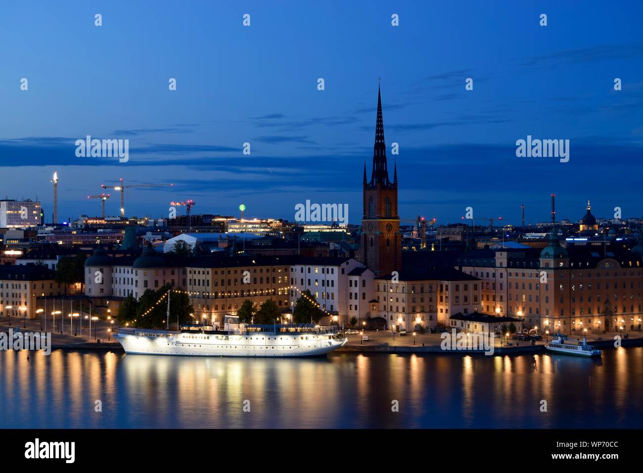 Sweden's capital Stockholm, with Riddarholmen island, the Old Town, Lake Mälaren and many of the city's churches. Stock Photo