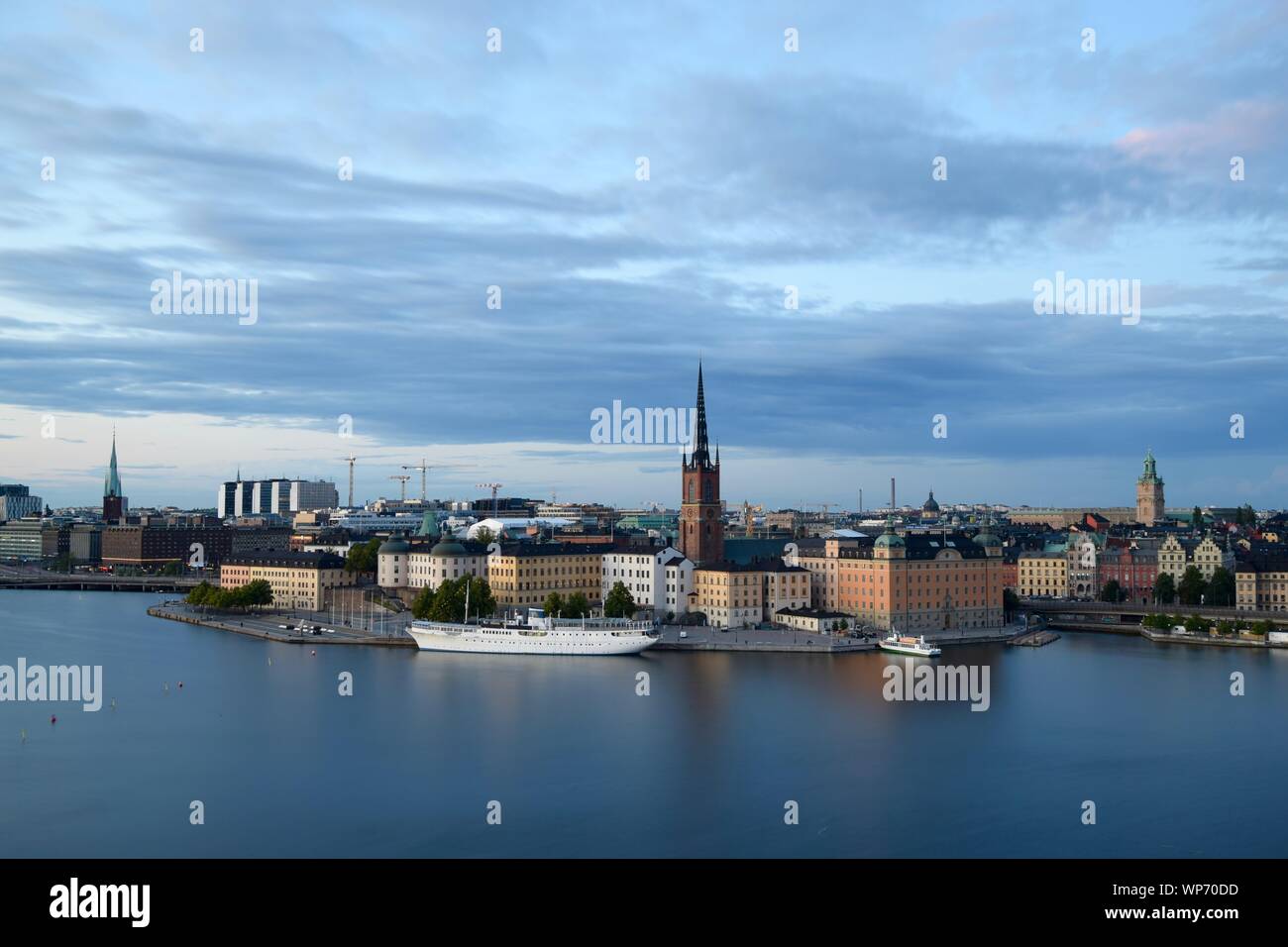 Sweden's capital Stockholm, with Riddarholmen island, the Old Town, Lake Mälaren and many of the city's churches. Stock Photo