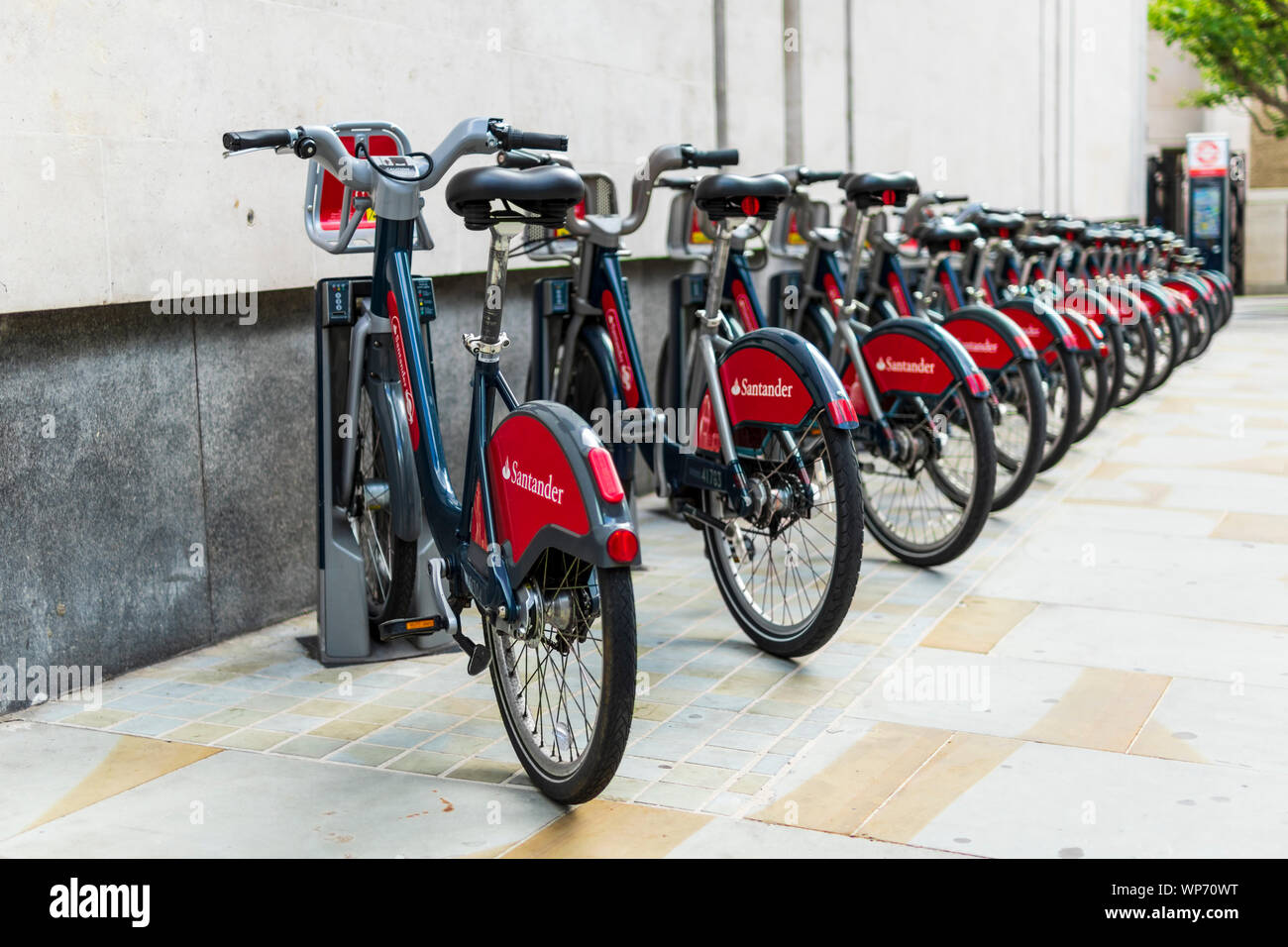 Santander Cycles parked in a docking station, London Stock Photo