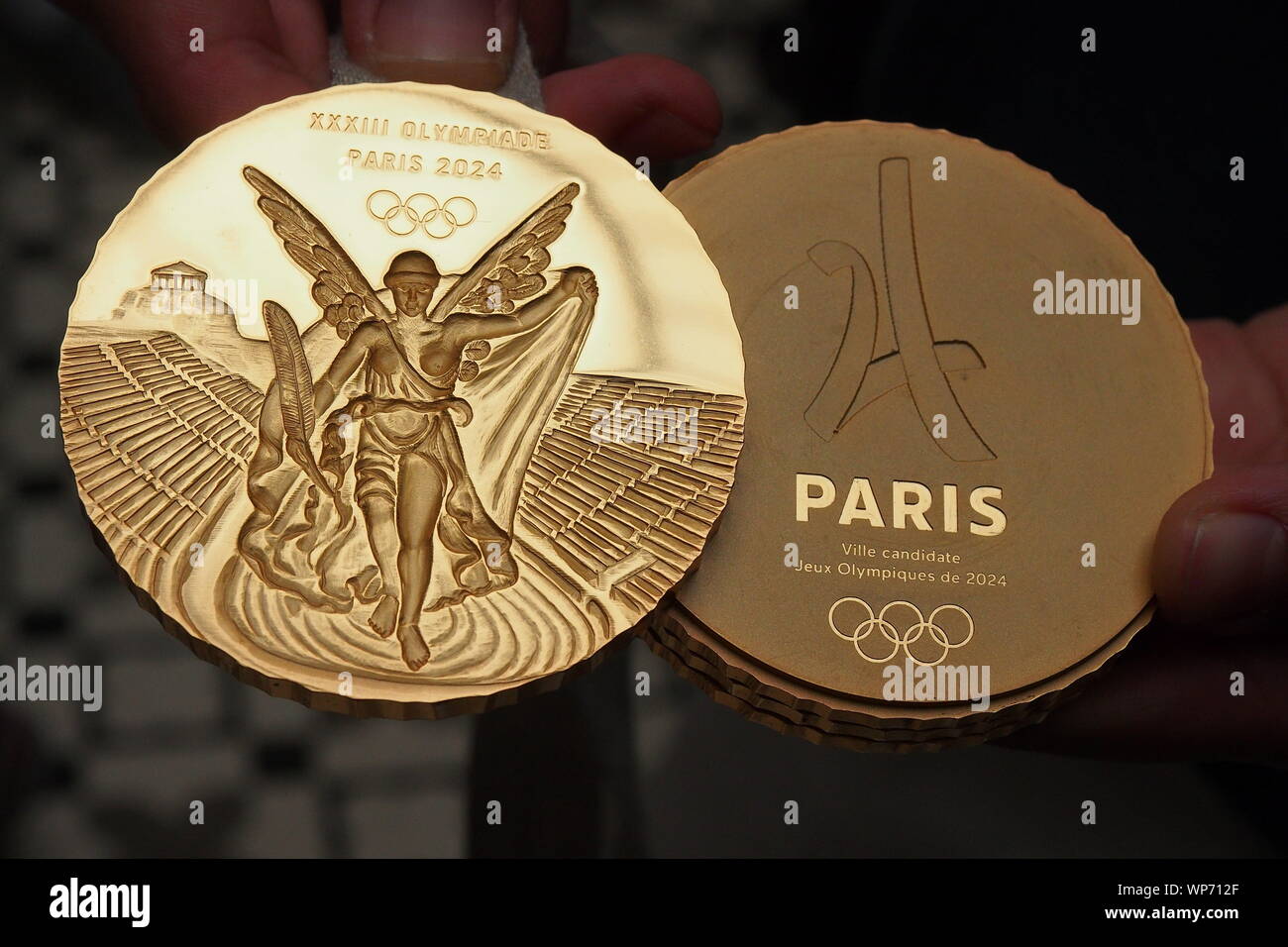 Model Of The Gold Medals That Will Be Used In The Olympic Games Paris 2024 Is Presented At The 130th Session Of The International Olympic Committee Which Is Being Held In Lima WP712F 