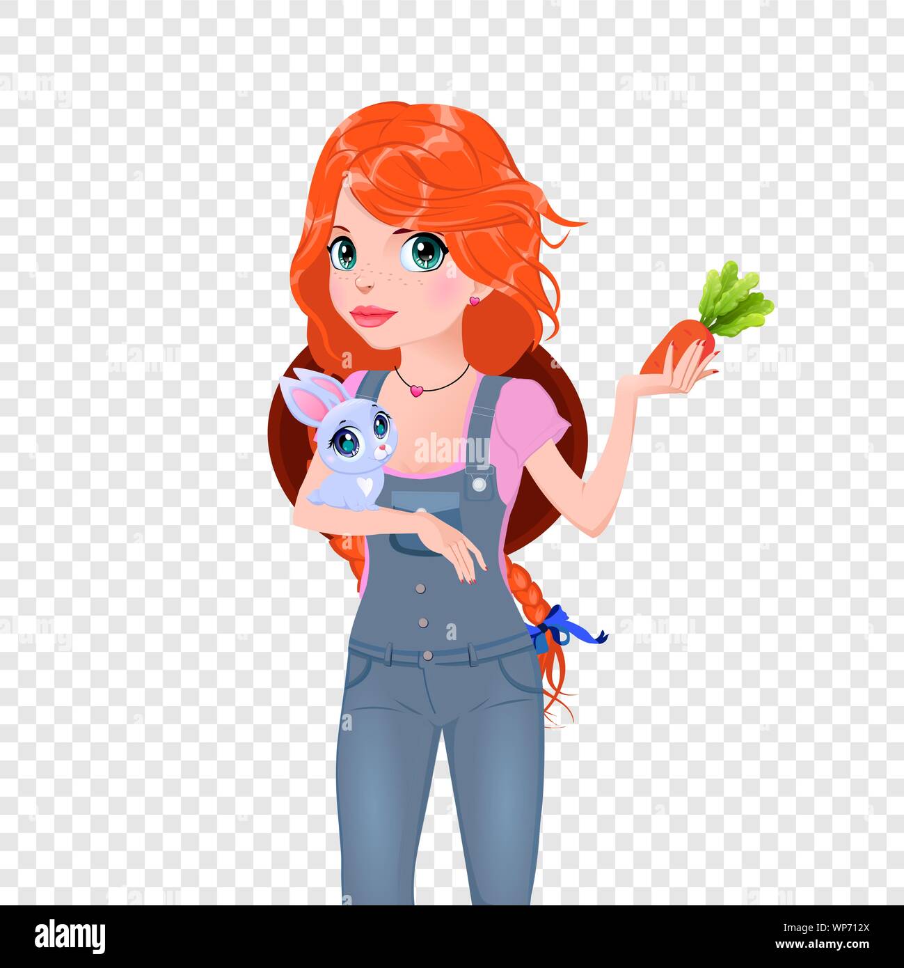 Farmer Girl with Rabbit and Carrot. Cute Ginger Haired Young Woman,  Teenager Character in Jeans Overalls and Farm Hat Hold Cute Bunny and Ripe  Vagetab Stock Vector Image & Art - Alamy