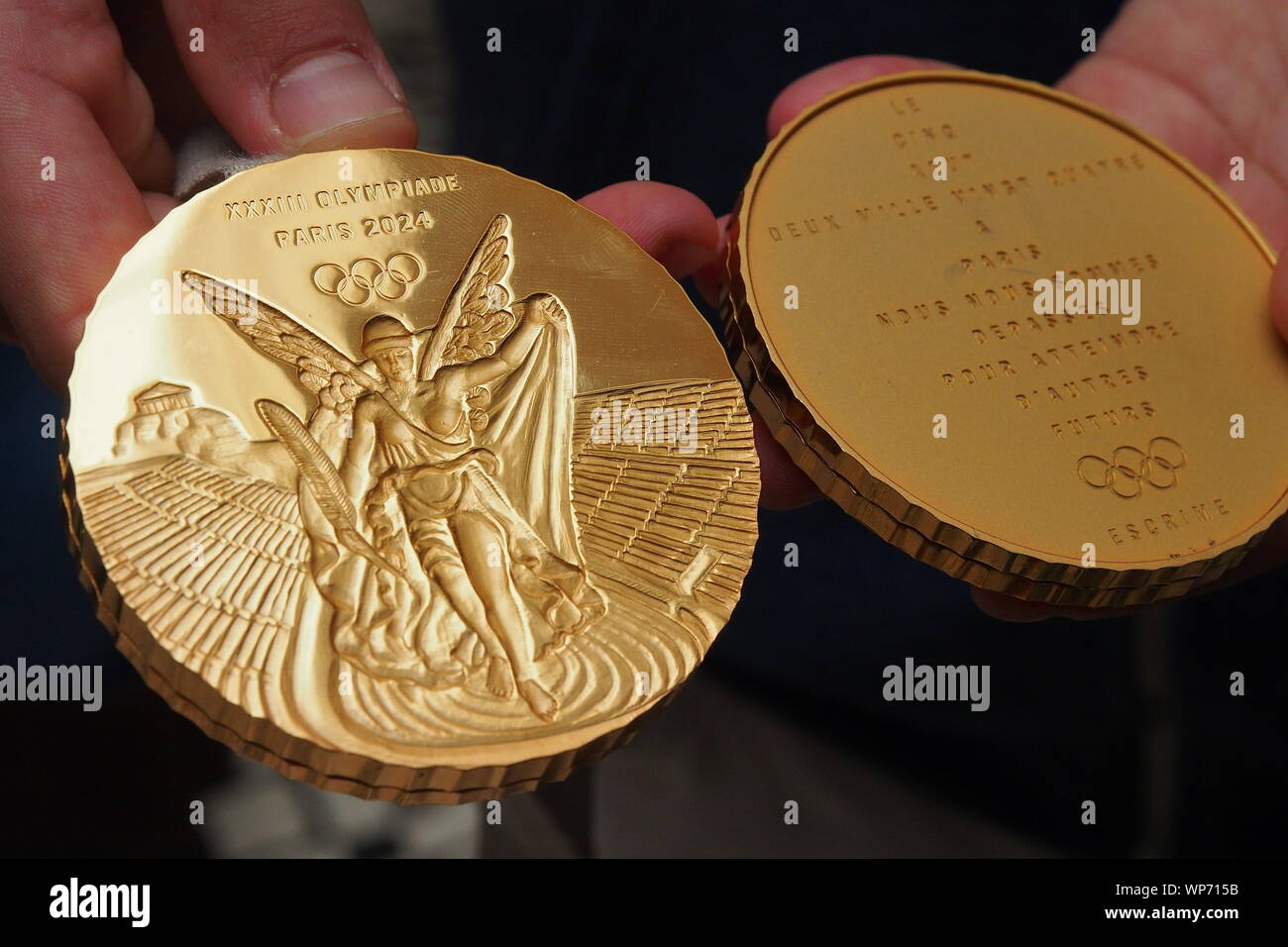 Model of the gold medals that will be used in the Olympic Games Paris