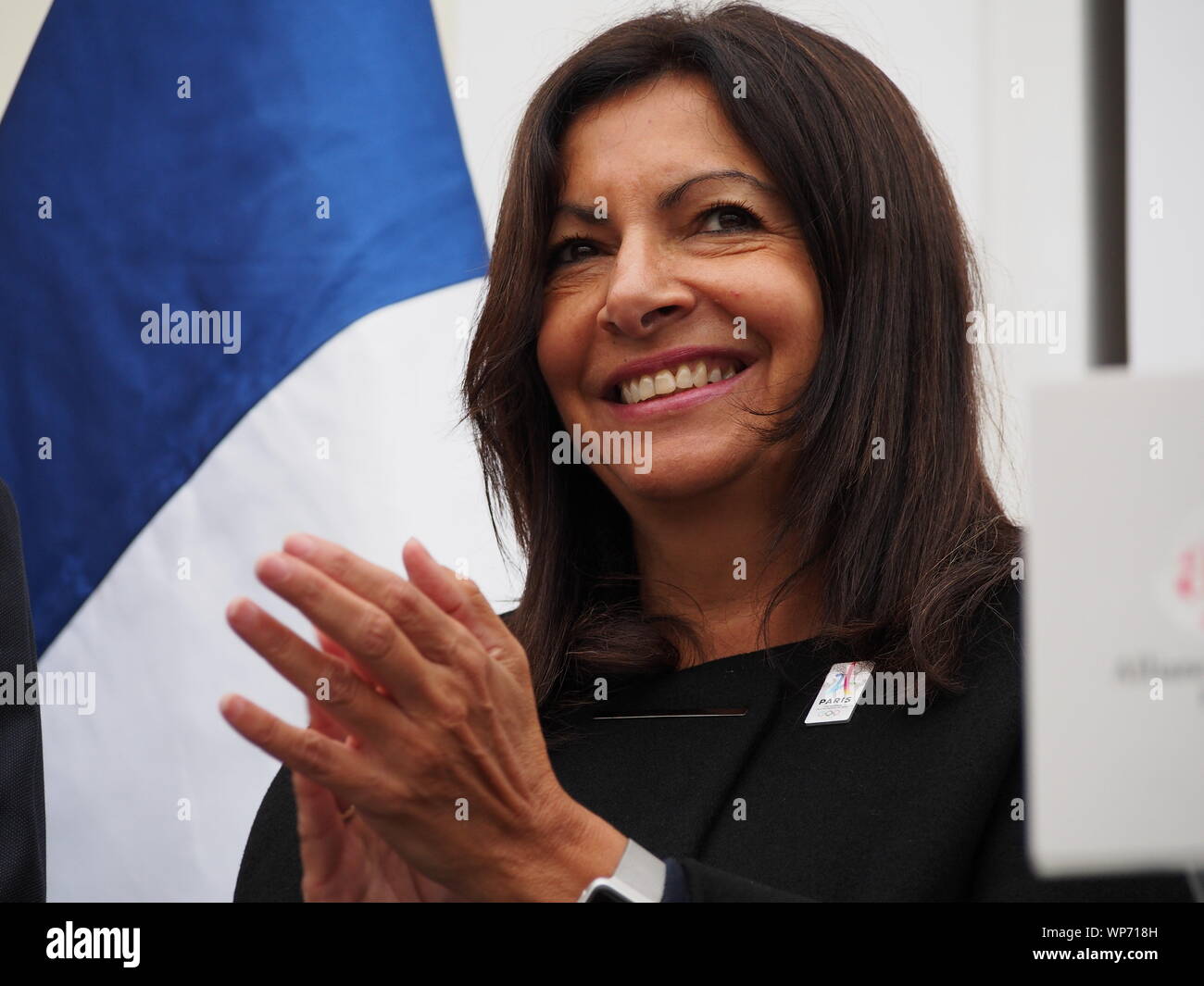 Anne Hidalgo, mayor of Paris, gives a speech to support the candidacy of that city as the venue for the Olympic Games 2024 at the 130th session of the International Olympic Committee which is being held in Lima. Stock Photo