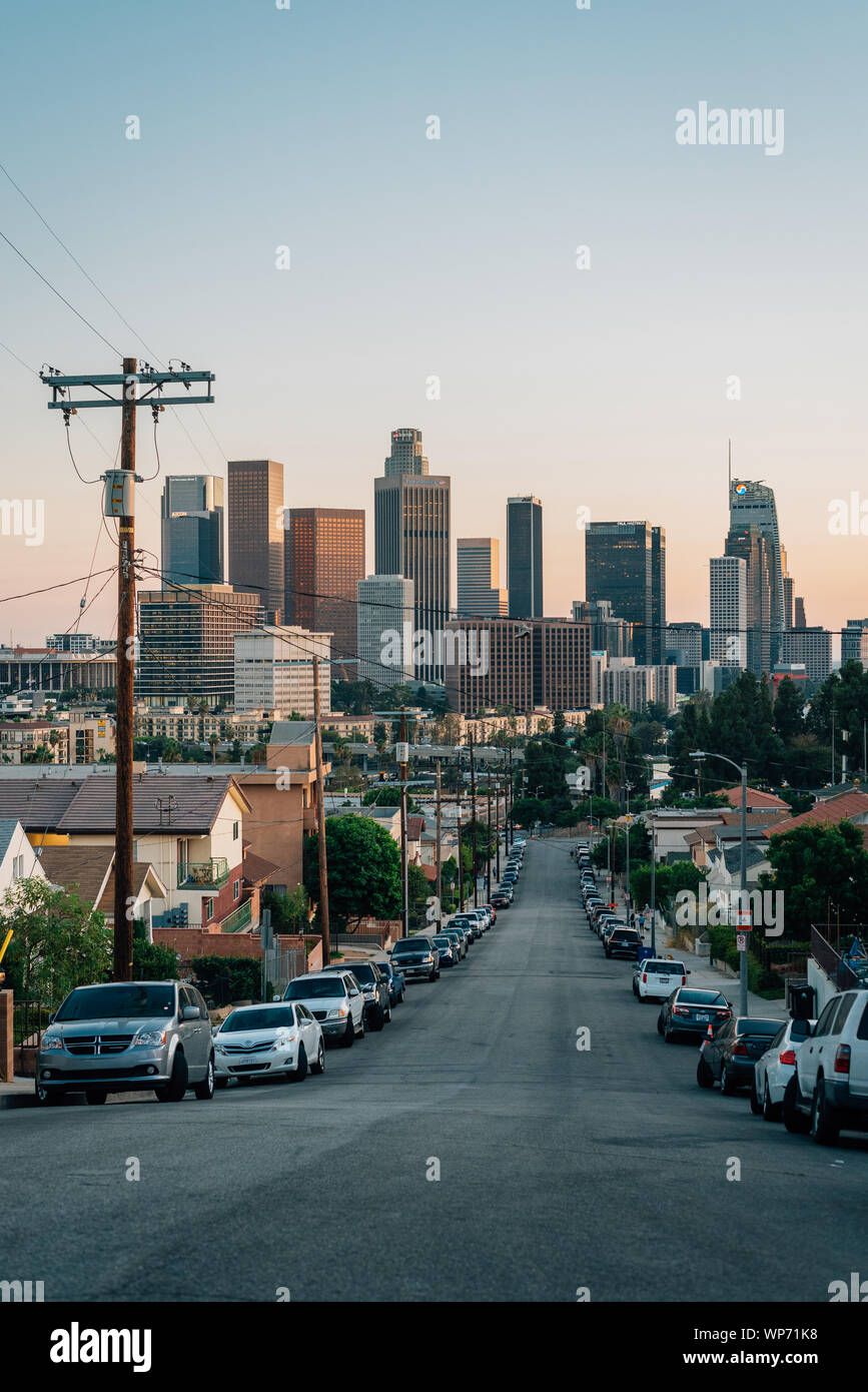 Beaudry Street and the downtown Los Angeles skyline at sunset, Los Angeles, California Stock Photo