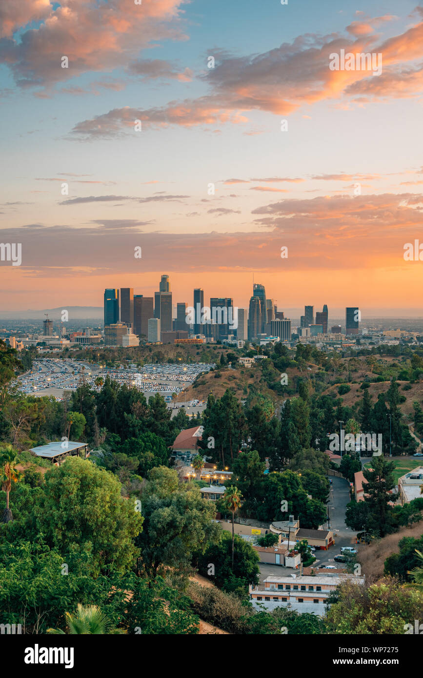 View of the downtown Los Angeles skyline at sunset, from Elysian Park, in Los Angeles, California Stock Photo